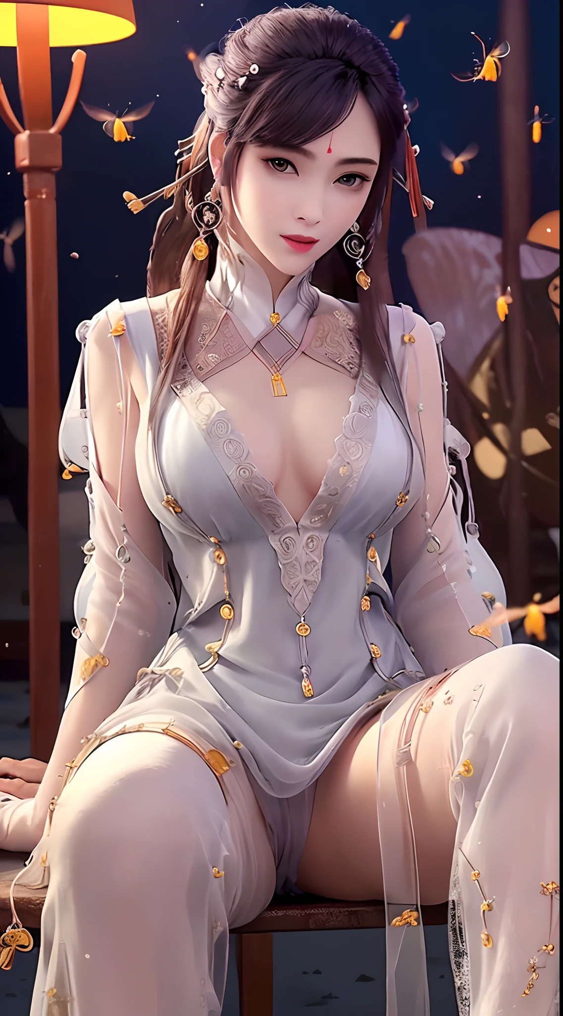 1 beautiful and  20 year old girl, ((wearing a transparent silver nightgown with  white lace trim:1.7)), (((Transparent nightgown can see each part of the 's body:1.7))), ((a dress with diamonds:1.7)), ((long black hair:1.6)), jewelry elaborately made from precious stones and beautiful hair, the noble, noble style of an extremely beautiful girl, her small face is super cute, her face is very pretty, thin eyebrows, flawless beautiful face, ((black eye pupils: 0.8)), very beautiful eyes, ((silver eyes: 1.6)), (((big round eyes:1.6))), nice makeup and hair detailed eyelashes, steamy eye makeup, high nose, earrings, red lips, ((closed mouth: 1.5)) beautiful lips, slim hands, most beautiful thighs, ((arms spread out to the sides: 1.5)), rosy face, clean face, flawless beautiful face, smooth white skin, (: 1.5)), ((high : 1.6)), tight , beautiful cleavage, ((( and super round: 1.8))), ((super tight : 1.7)) , beautiful , perfect body, back arms,  out, ((sitting position with  up and arms behind: 1.6)), ((open your legs:1.2)), don't be shy, 8k photo, super high quality, super realistic, super 10x pixels, optical, bright studio, bright edges, dual-tone lighting, (high-detail skin:1.2), super 8k, soft lighting, high quality, volumetric lighting, photorealistic, photorealistic high resolution, lighting, best photo, 4k, 8k quality, blur effect, smooth sharp, 10 x pixel, ((Beach at night and fireflies background:1.5)), aurora, lightning, super graphics realistic, most realistic graphics, 1 girl, alone, solo, Extremely sharp image, surreal, (((frontal portrait: 1.5)))."