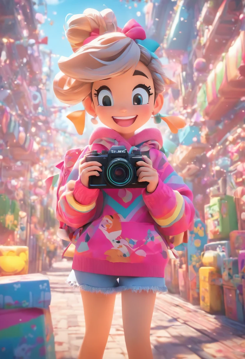 Wide angle lens, disney animation, 3d art work, pink camera and knapsack, colorful striped sweater with floral patterns and a bow, showing off pearly whites, sweet smiling eyes, bright color blocks, hip-hop style, imitated material, vivid color scheme, outdoor scenes, the focal length of the background is 35mm f1.2, C4D, blender, OC renderer, high details8k
