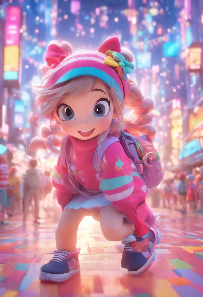 Wide angle lens, disney animation, 3d art work, pink camera and knapsack, colorful striped sweater with floral patterns and a bow, showing off pearly whites, sweet smiling eyes, bright color blocks, hip-hop style, imitated material, vivid color scheme, outdoor scenes, the focal length of the background is 35mm f1.2, C4D, blender, OC renderer, high details8k