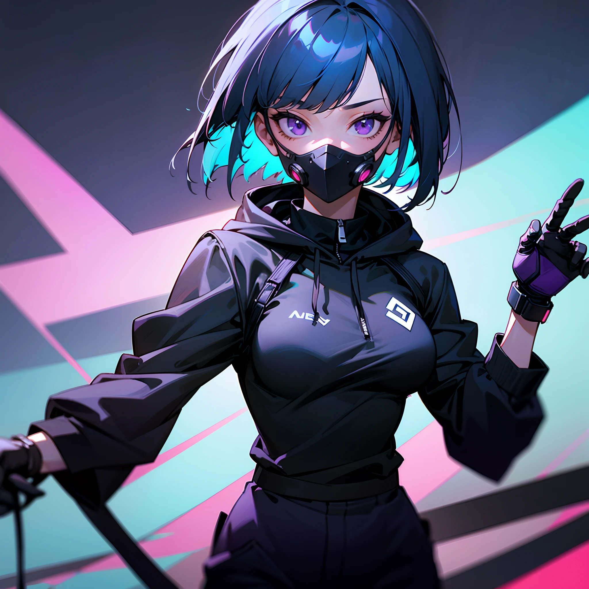 1girl, short blue hair, bob cut, purple eyes, face mask, medium breast, purple hoodie, black baggy pants, cyberpunk, neon, solo, best quality, masterpiece, portrait, night city background, looking at the camera, from the front, 1result, vibrant, detailed, perfect anatomy, detailed art, high definition, 4k, high resolution, dynamic pose