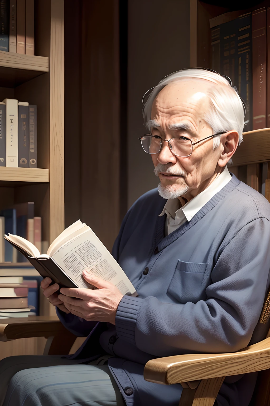 A old man、president、gentle face、Sit in a chair and speak to the front、Have a book、Background Bookshelf
