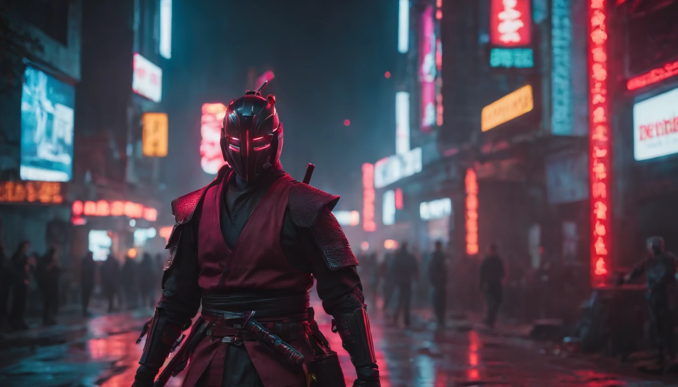In a neon-drenched alley of a cyberpunk city, a lone cyber-samurai stands beneath flickering holographic billboards. Their crimson cyberware gleams, and a holographic katana hums with energy as they prepare for a duel with an unseen adversary
