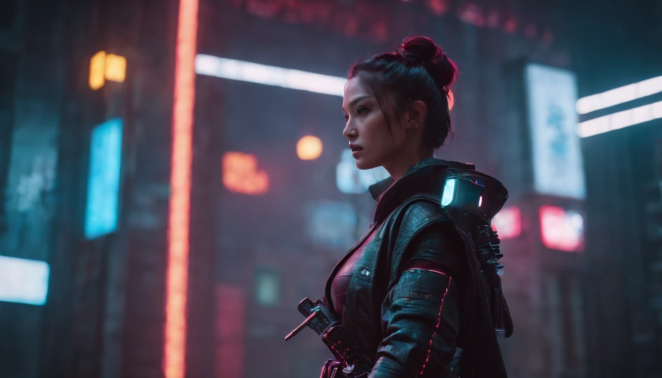 In a neon-drenched alley of a cyberpunk city, a lone cyber-samurai stands beneath flickering holographic billboards. Their crimson cyberware gleams, and a holographic katana hums with energy as they prepare for a duel with an unseen adversary