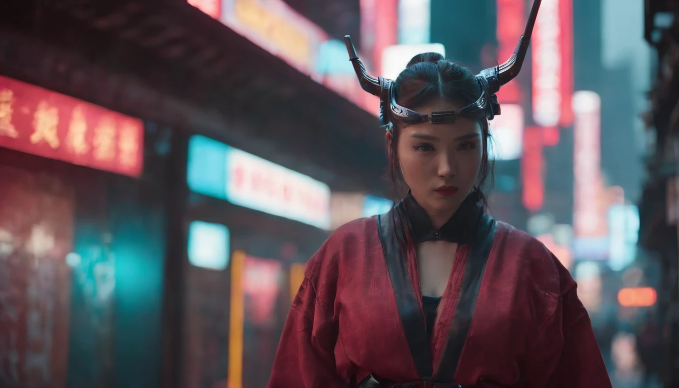 In a neon-drenched alley of a cyberpunk city, a lone cyber-samurai stands beneath flickering holographic billboards. Their crimson cyberware gleams, and a holographic katana hums with energy as they prepare for a duel with an unseen adversary