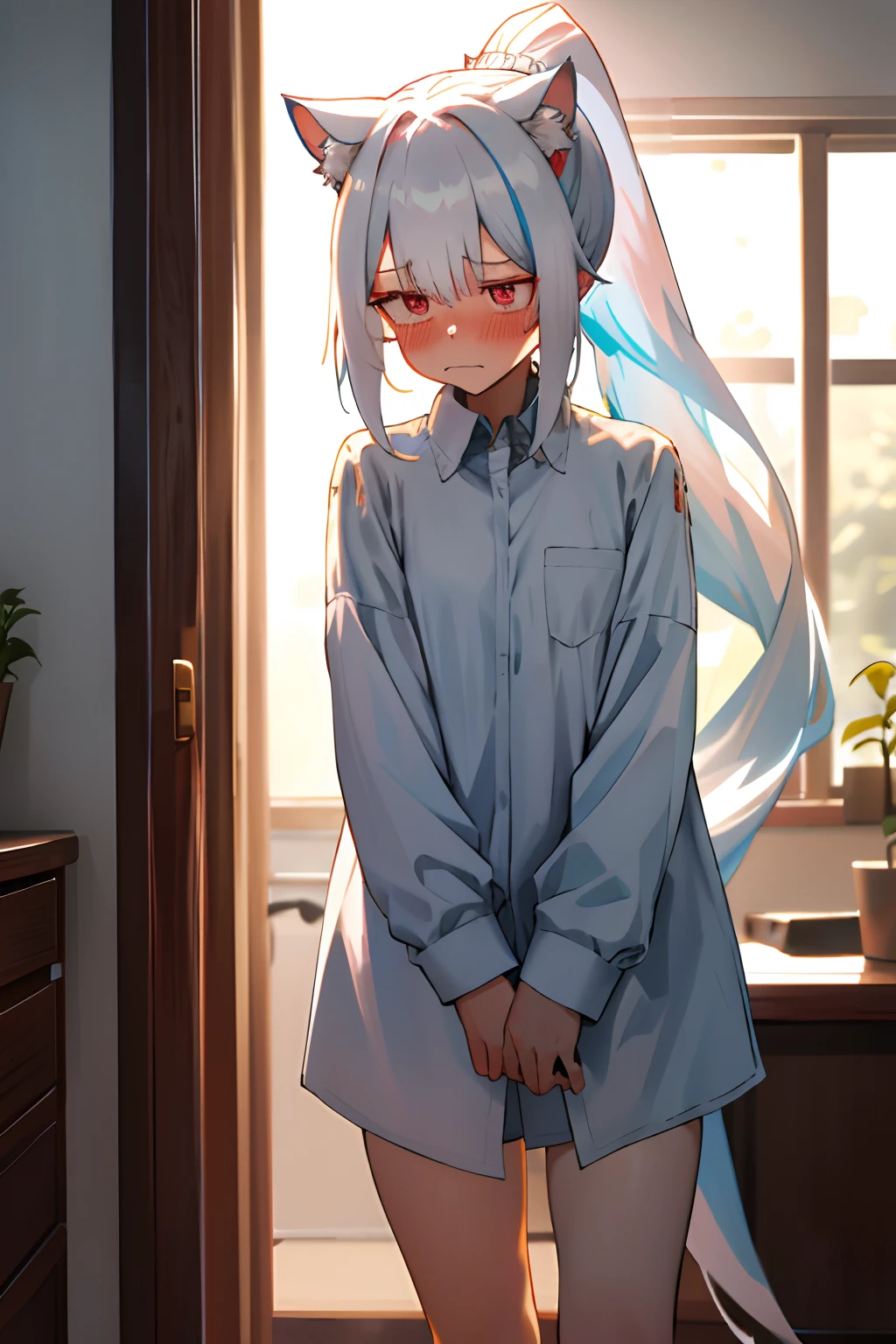 One girl with long hair, white hair, ponytail, looking away, embarrassed, blushing, mouth small open, indoor, naked oversized shirt, thigh , cat ears, cat tails