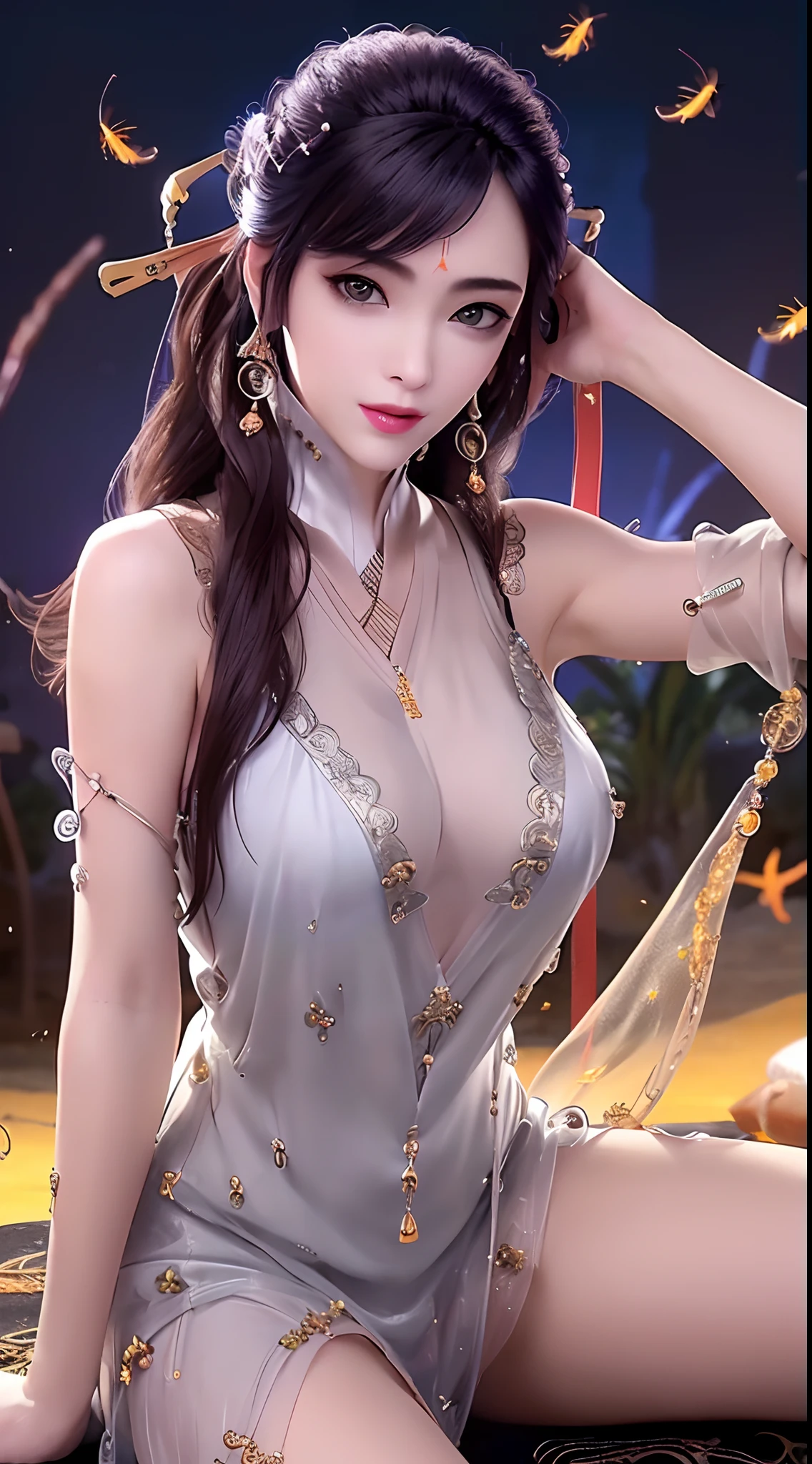 1 beautiful and sexy 20 year old girl, ((wearing a transparent silver nightgown with sexy white lace trim:1.7)), (((Transparent nightgown can see each part of the sexy girl's body:1.7))), ((a dress with diamonds:1.7)), ((long black hair:1.6)), jewelry elaborately made from precious stones and beautiful hair, the noble, noble style of an extremely beautiful girl, her small face is super cute, her face is very pretty, thin eyebrows, flawless beautiful face, ((black eye pupils: 0.8)), very beautiful eyes, ((silver eyes: 1.6)), (((big round eyes:1.6))), nice makeup and hair detailed eyelashes, steamy eye makeup, high nose, earrings, red lips, ((closed mouth: 1.5)) beautiful lips, slim hands, most beautiful thighs, ((arms spread out to the sides: 1.5)), rosy face, clean face, flawless beautiful face, smooth white skin, (big breasts: 1.5)), ((high breasts: 1.6)), tight breasts, beautiful cleavage, (((big breasts and super round: 1.8))), ((super tight breasts: 1.7)) , beautiful breasts, perfect body, back arms, chest out, ((sitting position with chest up and arms behind: 1.6)), ((open your legs:1.2)), don't be shy, 8k photo, super high quality, super realistic, super 10x pixels, optical, bright studio, bright edges, dual-tone lighting, (high-detail skin:1.2), super 8k, soft lighting, high quality, volumetric lighting, photorealistic, photorealistic high resolution, lighting, best photo, 4k, 8k quality, blur effect, smooth sharp, 10 x pixel, ((Beach at night and fireflies background:1.5)), aurora, lightning, super graphics realistic, most realistic graphics, 1 girl, alone, solo, Extremely sharp image, surreal, (((frontal portrait: 1.5)))."