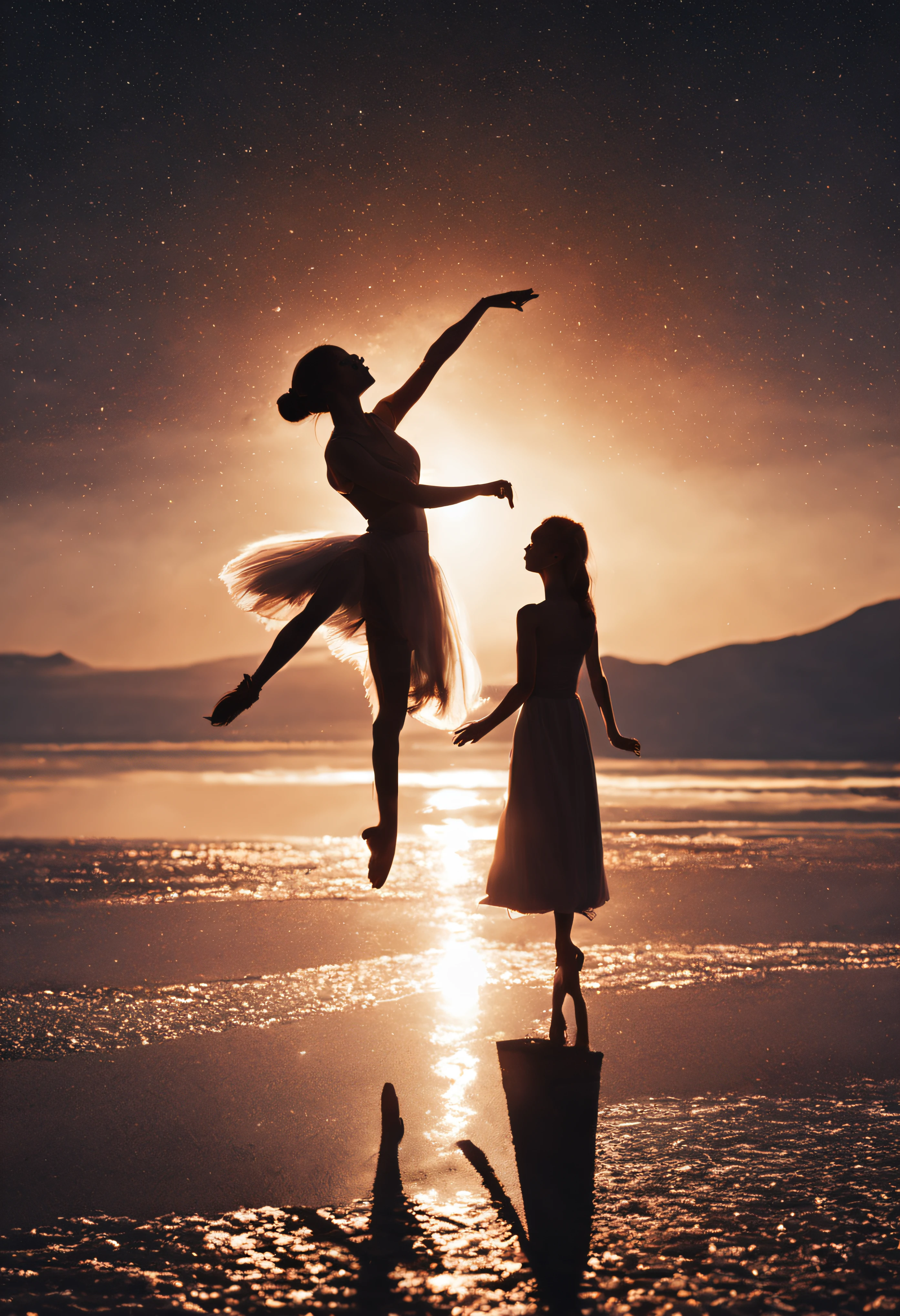 masutepiece, Original, from behind, Full body, Ballerina silhouette, ballet pose, Reach for the stars, Starlight reflected at her feet, Salt Flats Environment, Princess, sundress, Porcelain Skin, Long floating hair, Shimmering iridescent hair, Race trajectory, grateful, Natural moonlight, Ultra Wide Cinematic Shots, Dramatic Angle, Unreal Engine, Milky way, mirrornun, silhuette, light Particle, mirrornun