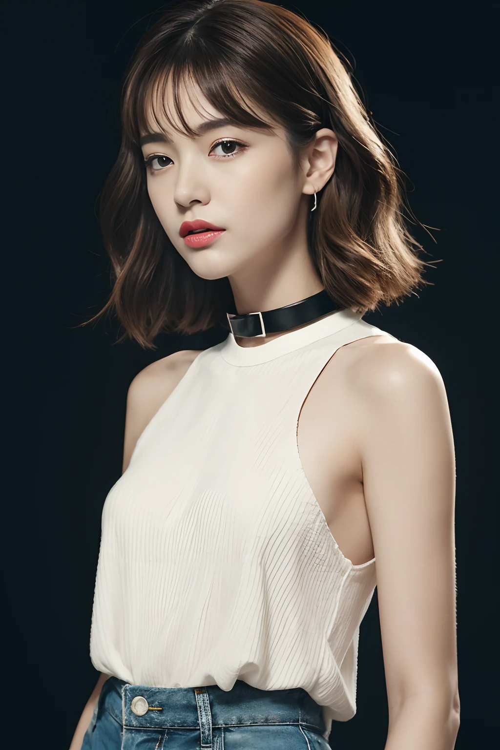 （（mideum breasts、tomgirl、Head））、（the perfect body：1.1）、（short wavy hair：1.2）、Brown、collars、chain、FULL BODYSHOT、Crowded city、Black sleeveless T-shirt、damage jeans、（Very elaborate CG 8K wallpapers）、（extremely delicate and beautiful）、（​masterpiece）、（top-quality）:1.0)、(超A high resolution:1.0)、beautiful  lighting、perfect lightning bolt、realistic shadow、[hight resolution]、detailed skins、ultra-detailliert ((colourfull))