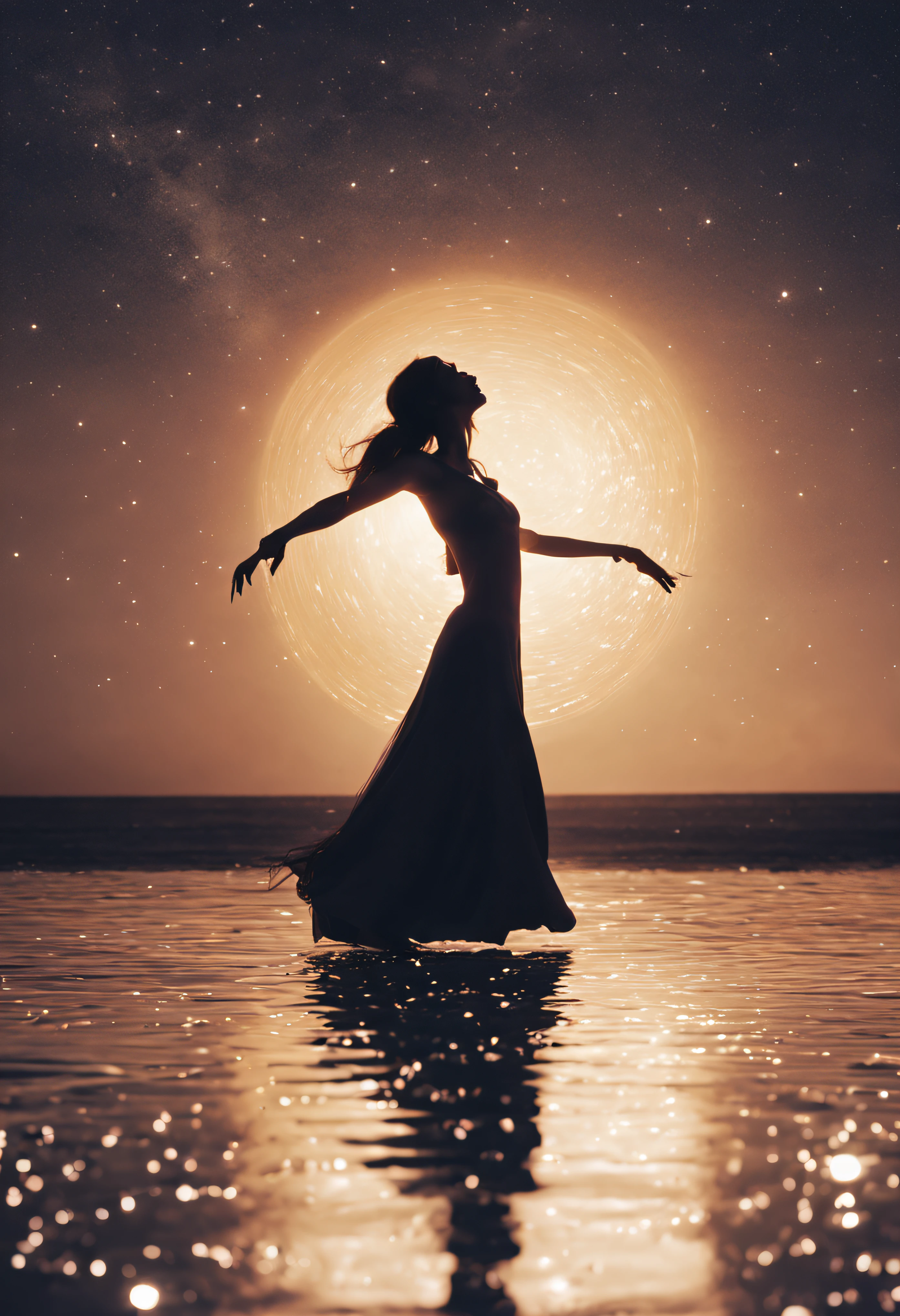 masutepiece, Original, from behind, Full body, Ballerina silhouette, ballet pose, Reach for the stars, Starlight reflected at her feet, Salt Flats Environment, Princess, sundress, Porcelain Skin, Long floating hair, Shimmering iridescent hair, Race trajectory, grateful, Natural moonlight, Ultra Wide Cinematic Shots, Dramatic Angle, Unreal Engine, Milky way, mirrornun, silhuette, light Particle, mirrornun
