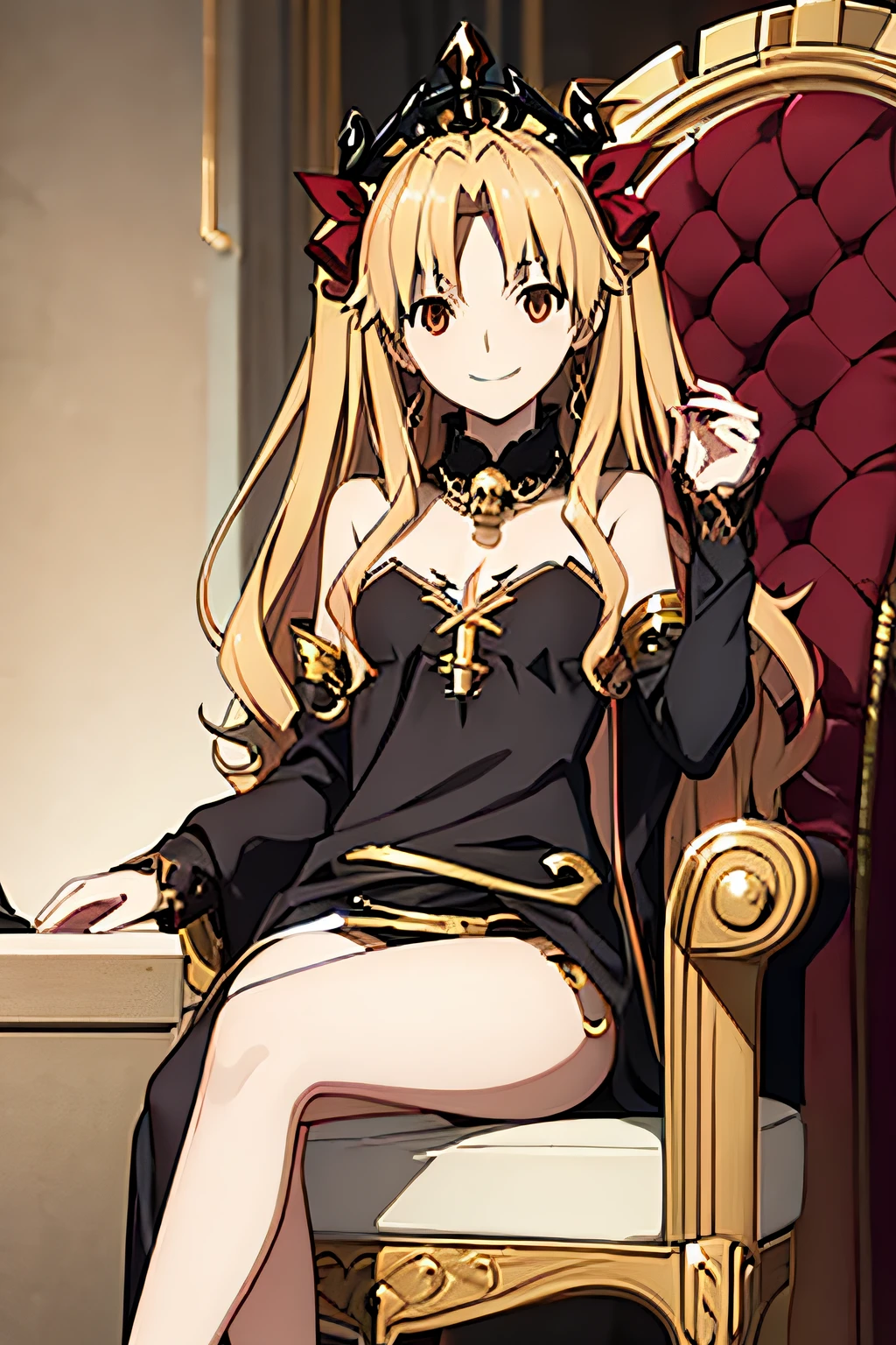 Ereshkigal sitting on a chair with legs crossed, looking at viewer with a smile,