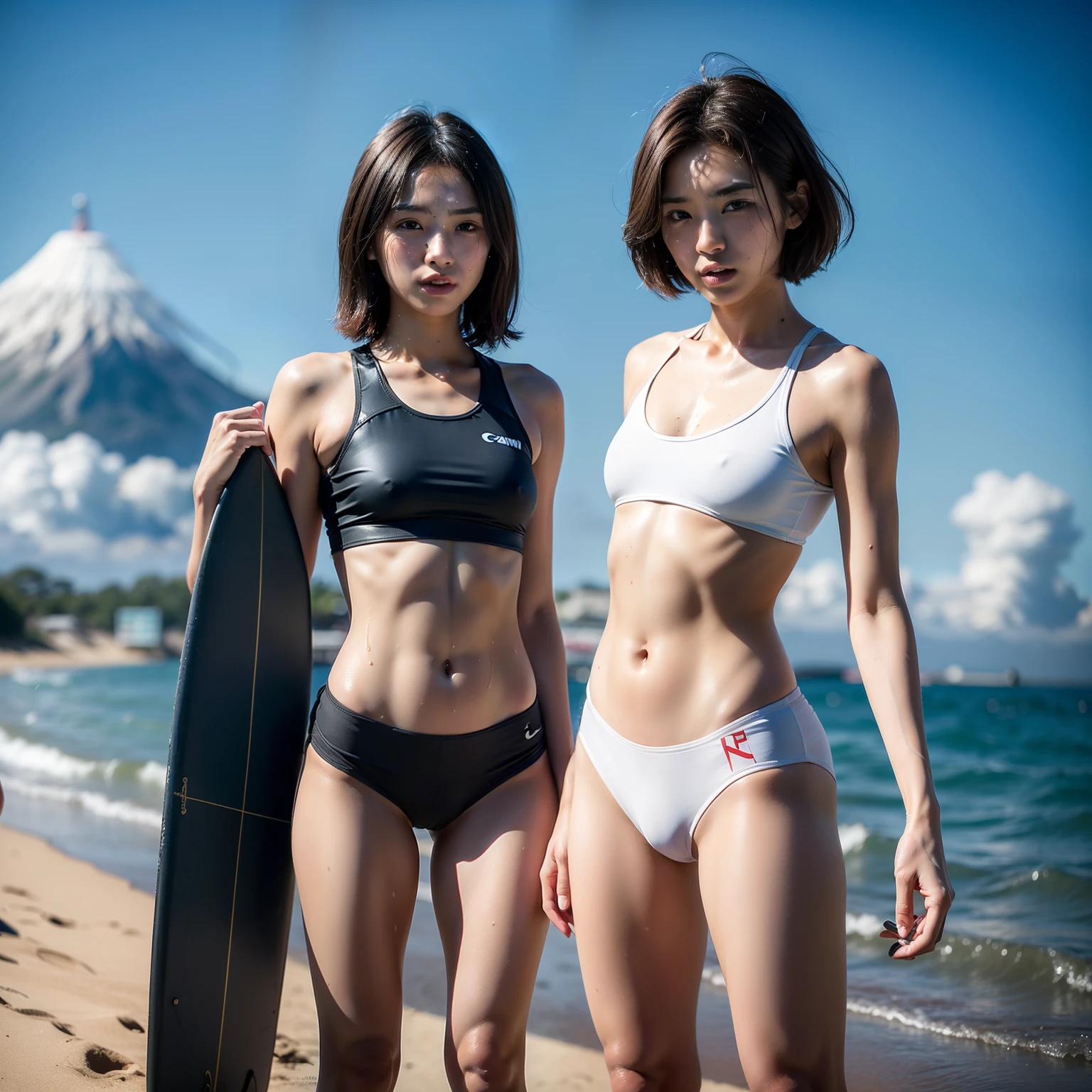 (2girls:1.2), (a detailed full-body RAW photo of a girl), (masutepiece:1.0), (Best Quality:1.4), (超A high resolution:1.2), (Photorealistic:1.4), 8K resolution, Canon EOS R5, 50mm, absurderes, ultra-detailliert, (25 year old), Sharp Focus, Cinematic lighting, Detailed beautiful face, (no-makeup:1.2), (ulzzang -6500-v1.1), petite figure, Detailed skin texture, flat chest, (skinny and fit body:1.6), Detailed brown hair,  sweltering,(Very short hair:1.5), realistic glistening skin, (Sweating:1.4), detailed texture, (Japan athletes:1.5), (flat chest:1.5), (Erect nipples:1.2), ((surfing)), ((surfer costume))