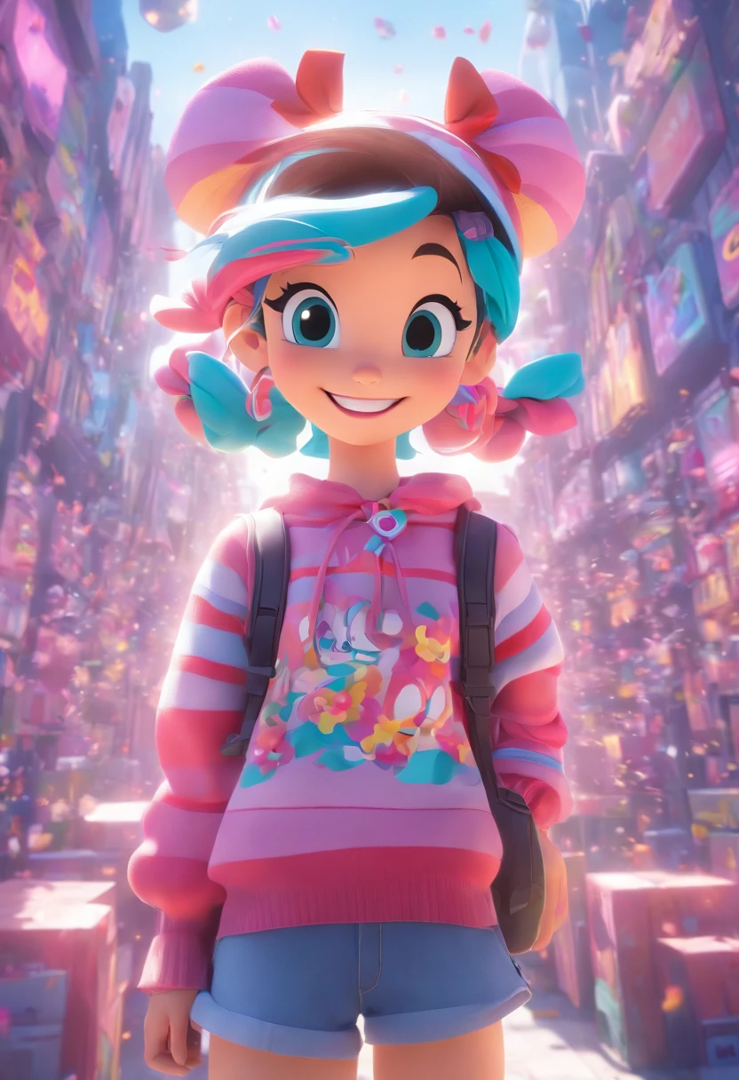 Wide angle lens, disney animation, 3d art work, pink camera and knapsack, colorful striped sweater with floral patterns and a bow, showing off pearly whites, sweet smiling eyes, bright color blocks, hip-hop style, imitated material, vivid color scheme, outdoor scenes, the focal length of the background is 35mm f1.2, C4D, blender, OC renderer, high details8k