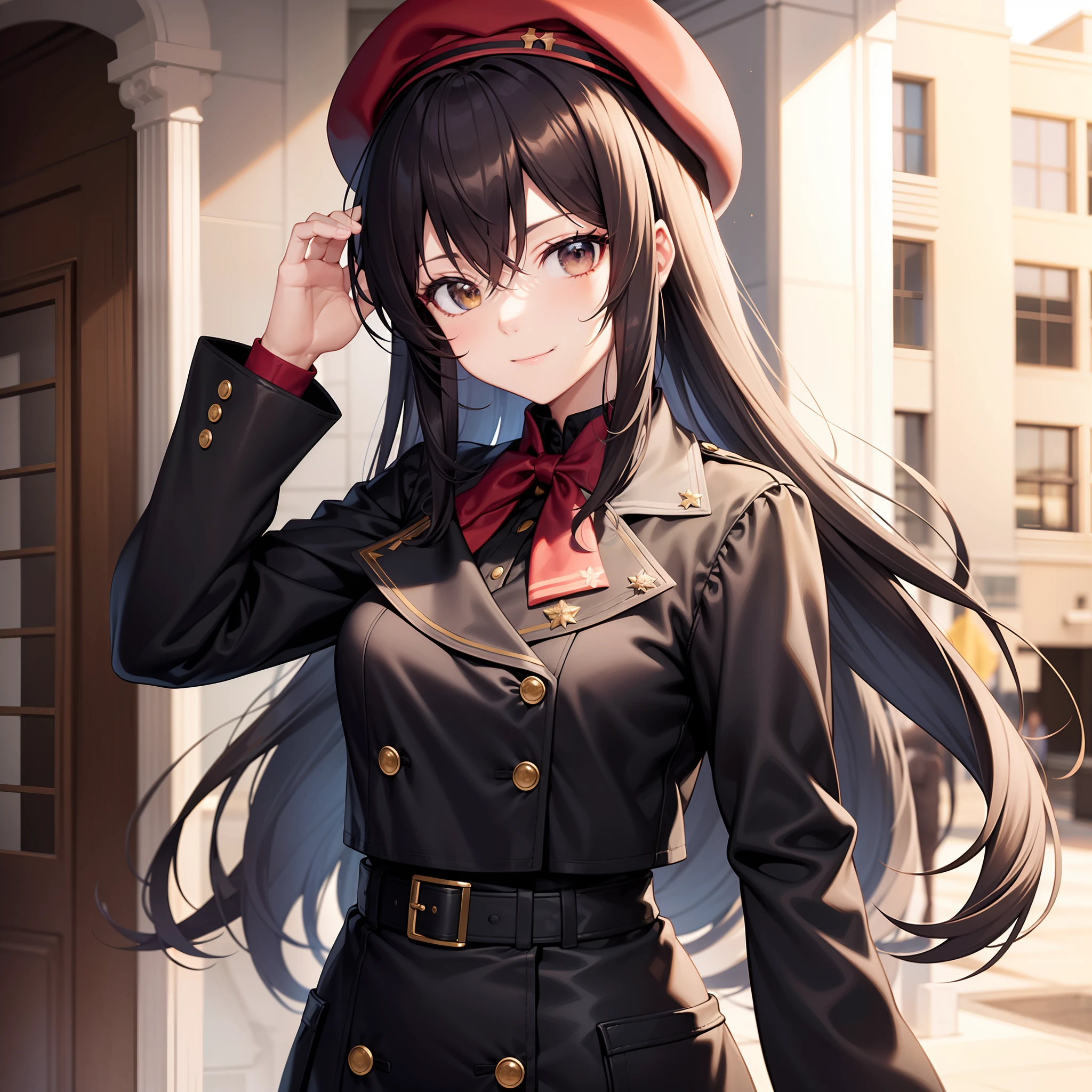 A pretty anime lady, wearing fashionable clothes, a model, wearing a beret hat, is in a college campus, black haired lady, long hair, brown hazel eyes,  no teeth out, looking at you with a sweet small smile, human.