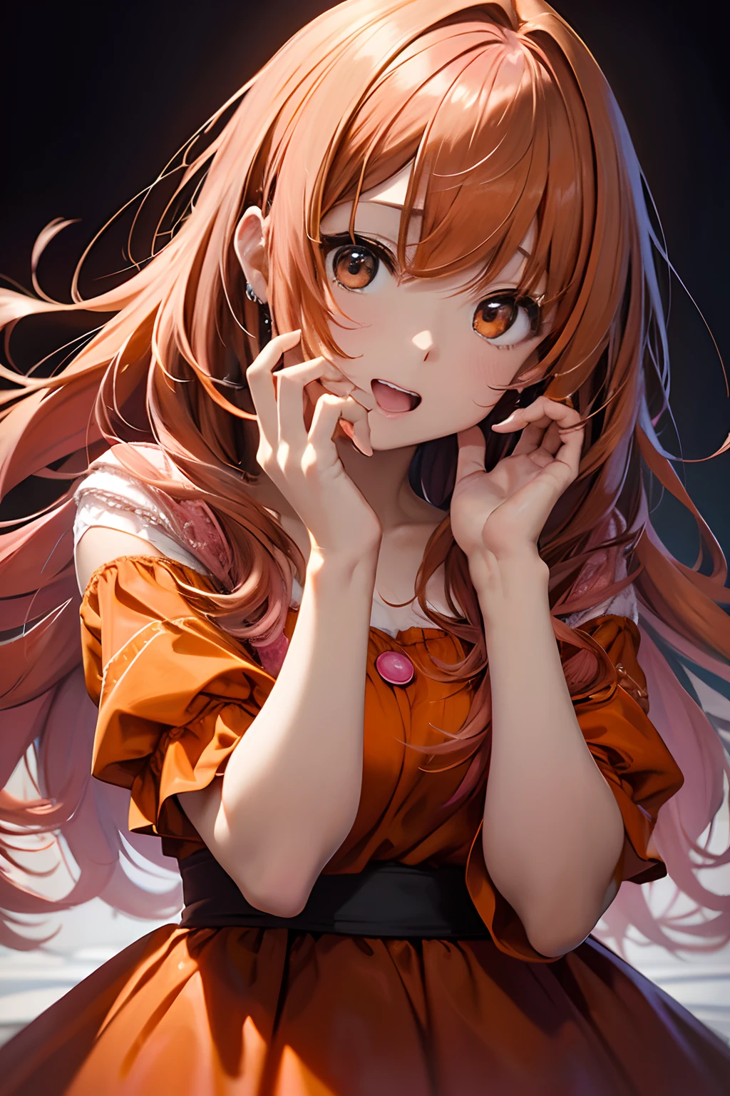 Black background、bustshot、an oil painting、masterpiece、top-quality、hight resolution、((Orange hair))、Long hair、((Pink dress))、suprised、front facing、Put your hand to your mouth、Surprised、Wow、Open eyes
