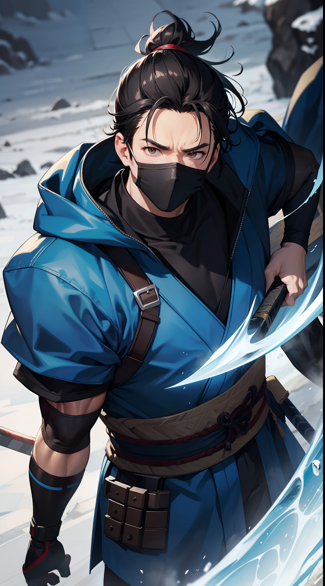 Grown-up guy, short black hair, high ponytail, Brown eyes, mask, blue shinobi kimono, Sleeveless, Sub-Zero, Cold, ice, blizzard, Battle-ax, Masterpiece, hiquality, 4k, HD, Good detail