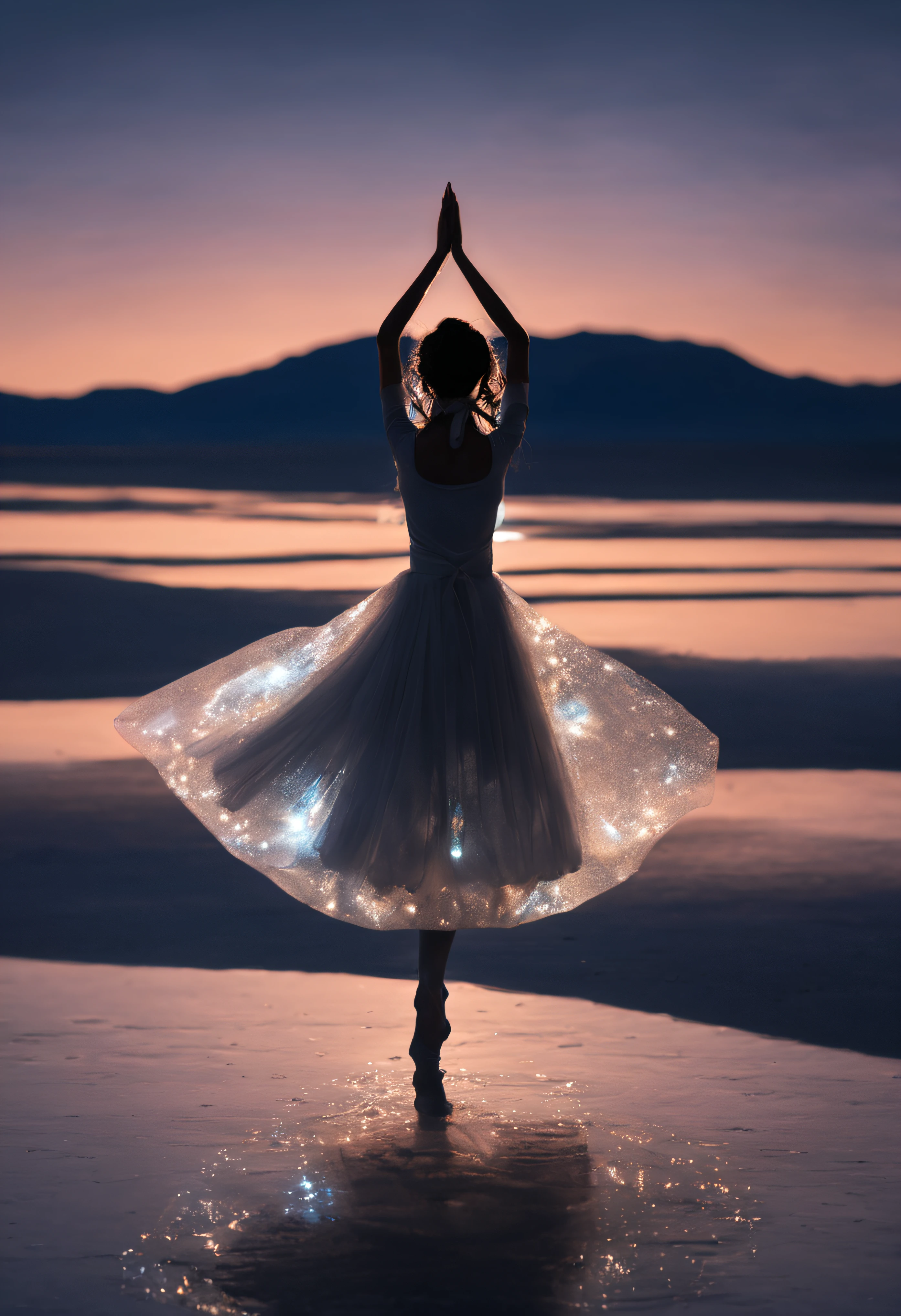 masutepiece, Original, from behind, Full body, Ballerina silhouette, ballet pose, Reach for the stars, Starlight reflected at her feet, Salt Flats Environment, Princess, sundress, Porcelain Skin, Long floating hair, Shimmering iridescent hair, Race trajectory, grateful, Natural moonlight, Ultra Wide Cinematic Shots, Dramatic Angle, Unreal Engine, Milky way, mirrornun, silhuette, light Particle, mirrornun