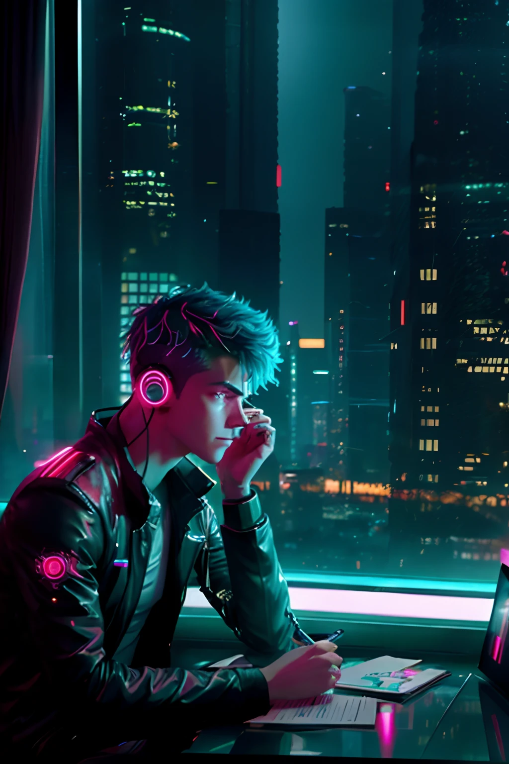 It's raining in a futuristic cityscape looms outside the window of the high-rise apartment, its neon lights and holographic advertisements casting an otherworldly glow on the cyberpunk boy with glowing circuit tattoos. He sits at his desk, listening to music on his headphones while studying for school with determination in his eyes.