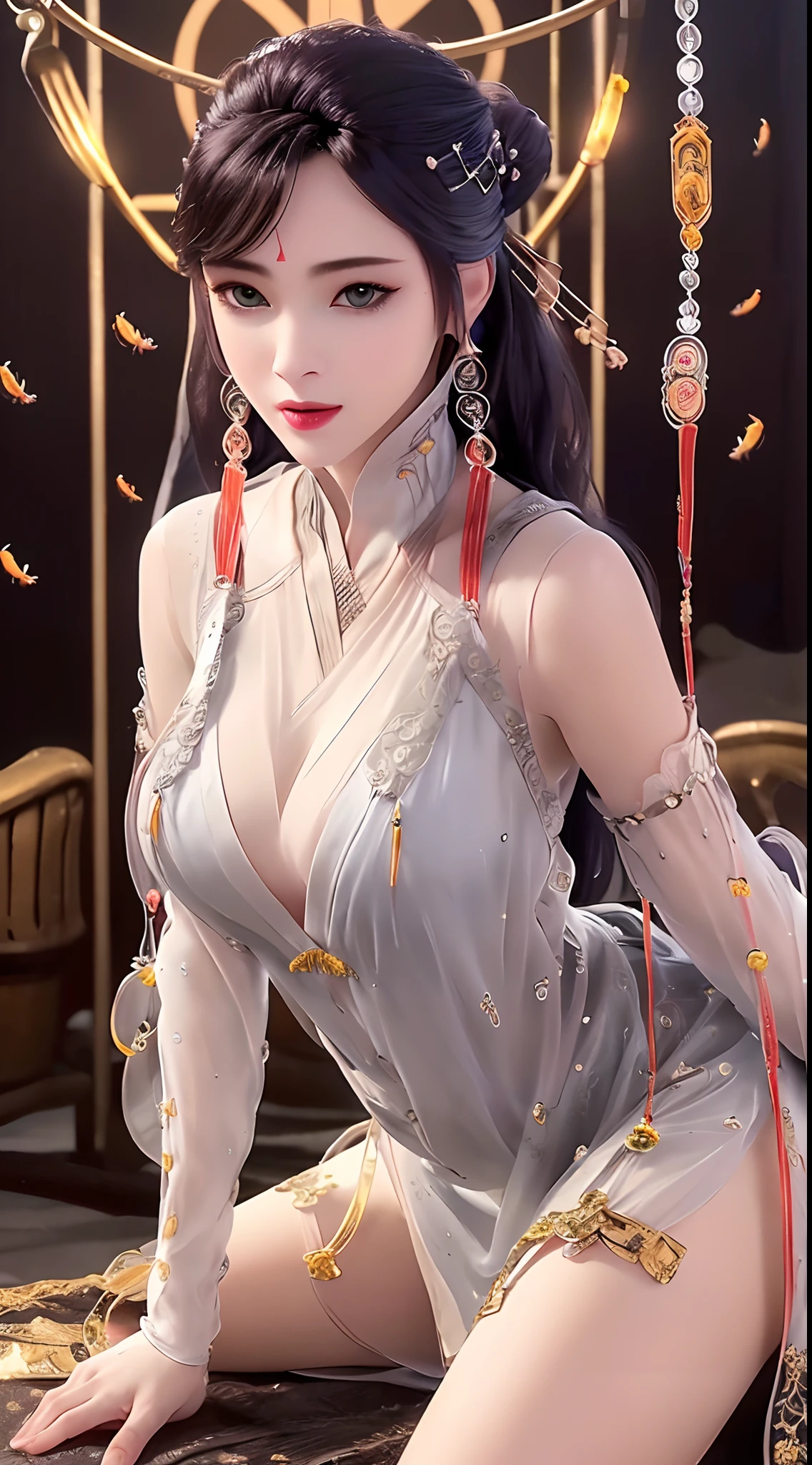 1 beautiful and sexy 20 year old girl, ((wearing a transparent silver nightgown with sexy white lace trim:1.7)), (((Transparent nightgown can see each part of the sexy girl's body:1.7))), ((a dress with diamonds:1.7)), ((long black hair:1.6)), jewelry elaborately made from precious stones and beautiful hair, the noble, noble style of an extremely beautiful girl, her small face is super cute, her face is very pretty, thin eyebrows, flawless beautiful face, ((black eye pupils: 0.8)), very beautiful eyes, ((silver eyes: 1.6)), (((big round eyes:1.6))), nice makeup and hair detailed eyelashes, steamy eye makeup, high nose, earrings, red lips, ((closed mouth: 1.5)) beautiful lips, slim hands, most beautiful thighs, ((arms spread out to the sides: 1.5)), rosy face, clean face, flawless beautiful face, smooth white skin, (big breasts: 1.5)), ((high breasts: 1.6)), tight breasts, beautiful cleavage, (((big breasts and super round: 1.8))), ((super tight breasts: 1.7)) , beautiful breasts, perfect body, back arms, chest out, ((sitting position with chest up and arms behind: 1.6)), ((open your legs:1.2)), don't be shy, 8k photo, super high quality, super realistic, super 10x pixels, optical, bright studio, bright edges, dual-tone lighting, (high-detail skin:1.2), super 8k, soft lighting, high quality, volumetric lighting, photorealistic, photorealistic high resolution, lighting, best photo, 4k, 8k quality, blur effect, smooth sharp, 10 x pixel, ((Beach at night and fireflies background:1.5)), aurora, lightning, super graphics realistic, most realistic graphics, 1 girl, alone, solo, Extremely sharp image, surreal, (((frontal portrait: 1.5)))."