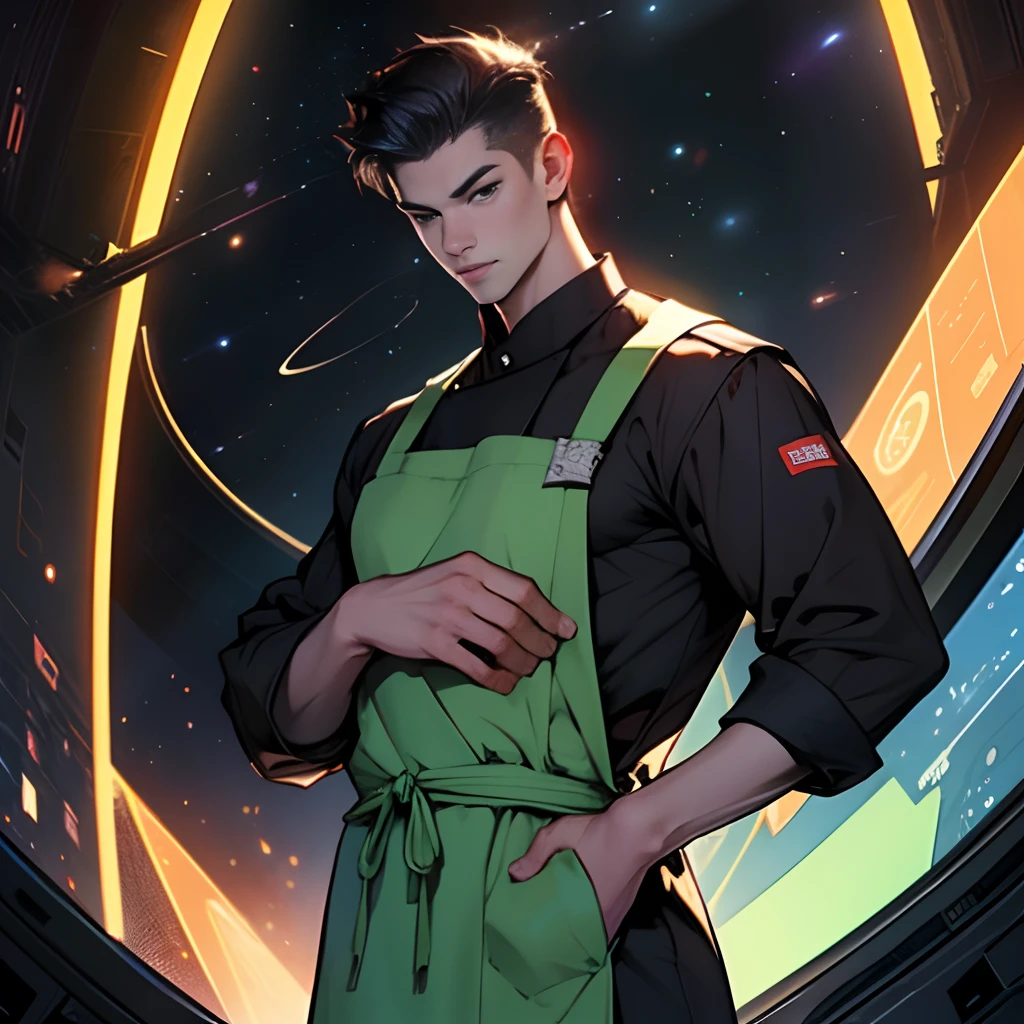 A tall and handsome young chef，Stand on the edge of the dream space, eyes glowing, green apron, Surreal scenes filled with symbols and patterns of various skills, ,in the style of the stars art group xing xing, 32K, Best quality, Masterpiece, Super detail, High details,
