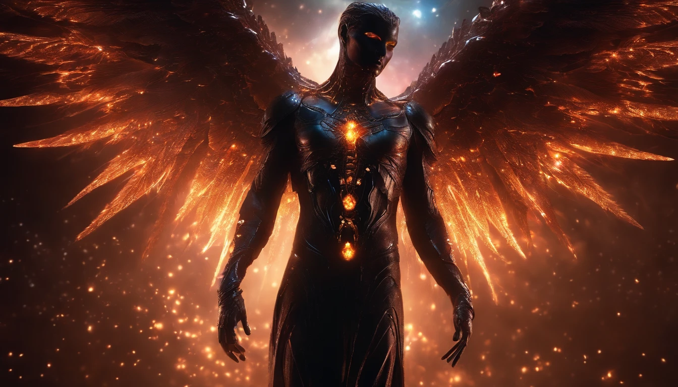 Cosmic Fallen Angel, glowing light eyes, Biomechanical, eerie, Creepy, nightmarish, Very bright colors, Light particles, with light glowing, Mshiff, wallpaper art, UHD wallpaper