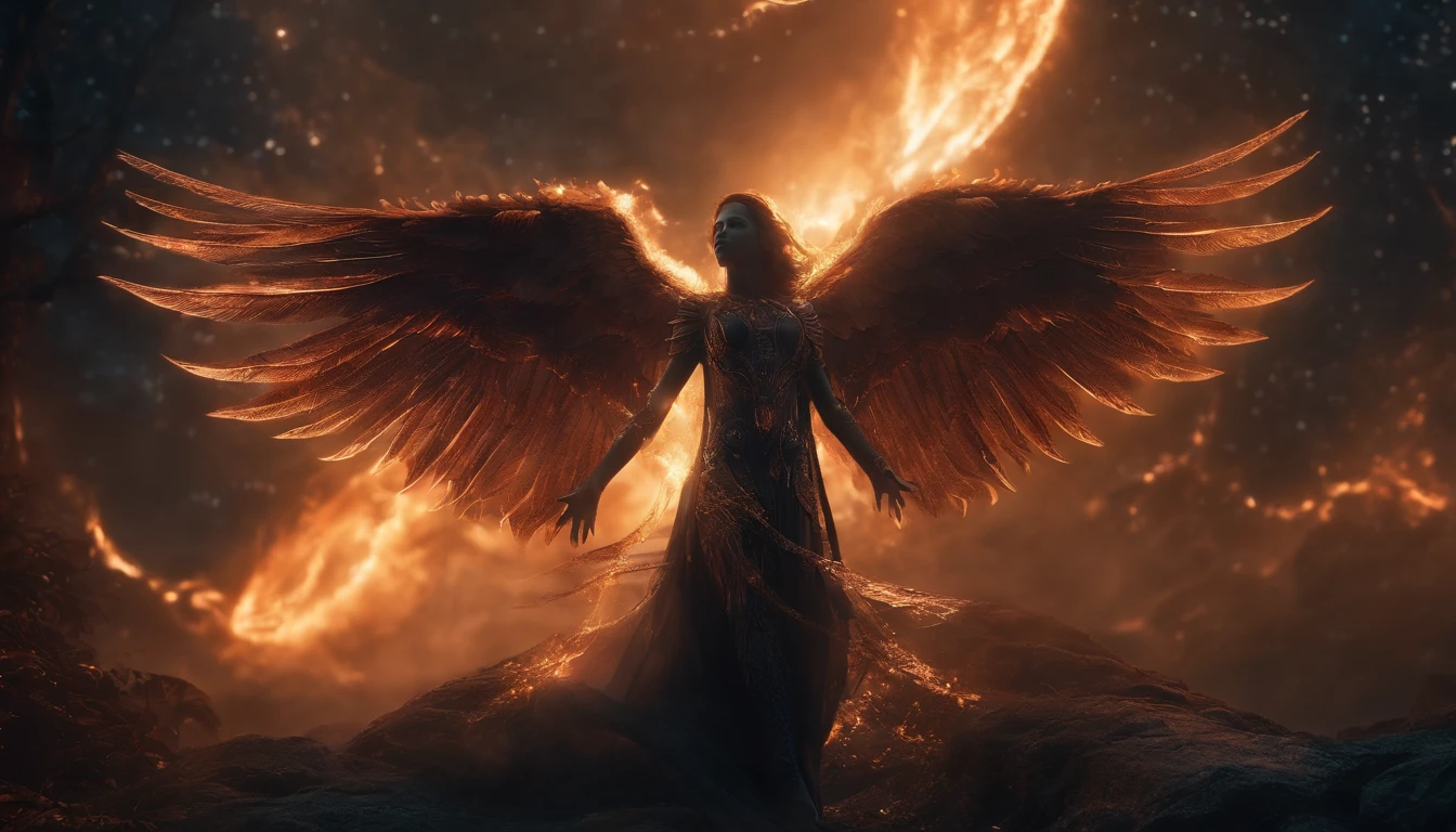 Cosmic Fallen Angel, glowing light eyes, Biomechanical, eerie, Creepy, nightmarish, Very bright colors, Light particles, with light glowing, Mshiff, wallpaper art, UHD wallpaper