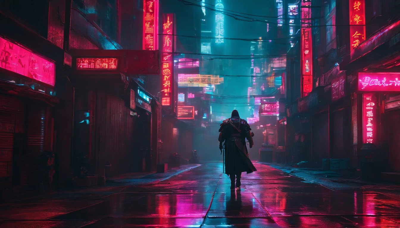 In a neon-drenched alley of a cyberpunk city, a lone cyber-samurai stands beneath flickering holographic billboards. Their crimson cyberware gleams, and a holographic katana hums with energy as they prepare for a duel with an unseen adversary