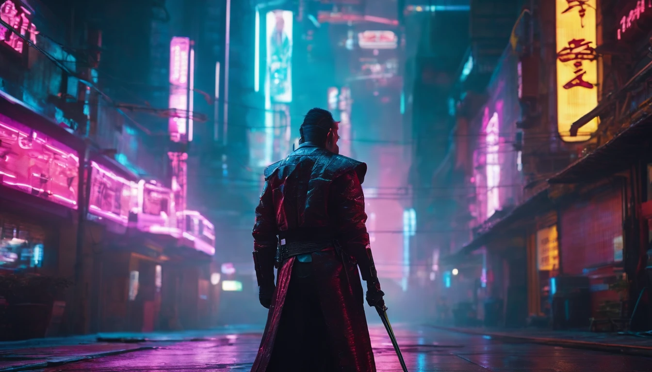 In a neon-drenched alley of a cyberpunk city, a lone cyber-samurai stands beneath flickering holographic billboards. Their crimson cyberware gleams, and a holographic katana hums with energy as they prepare for a duel with an unseen adversary
