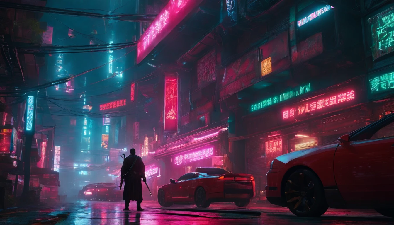 In a neon-drenched alley of a cyberpunk city, a lone cyber-samurai stands beneath flickering holographic billboards. Their crimson cyberware gleams, and a holographic katana hums with energy as they prepare for a duel with an unseen adversary