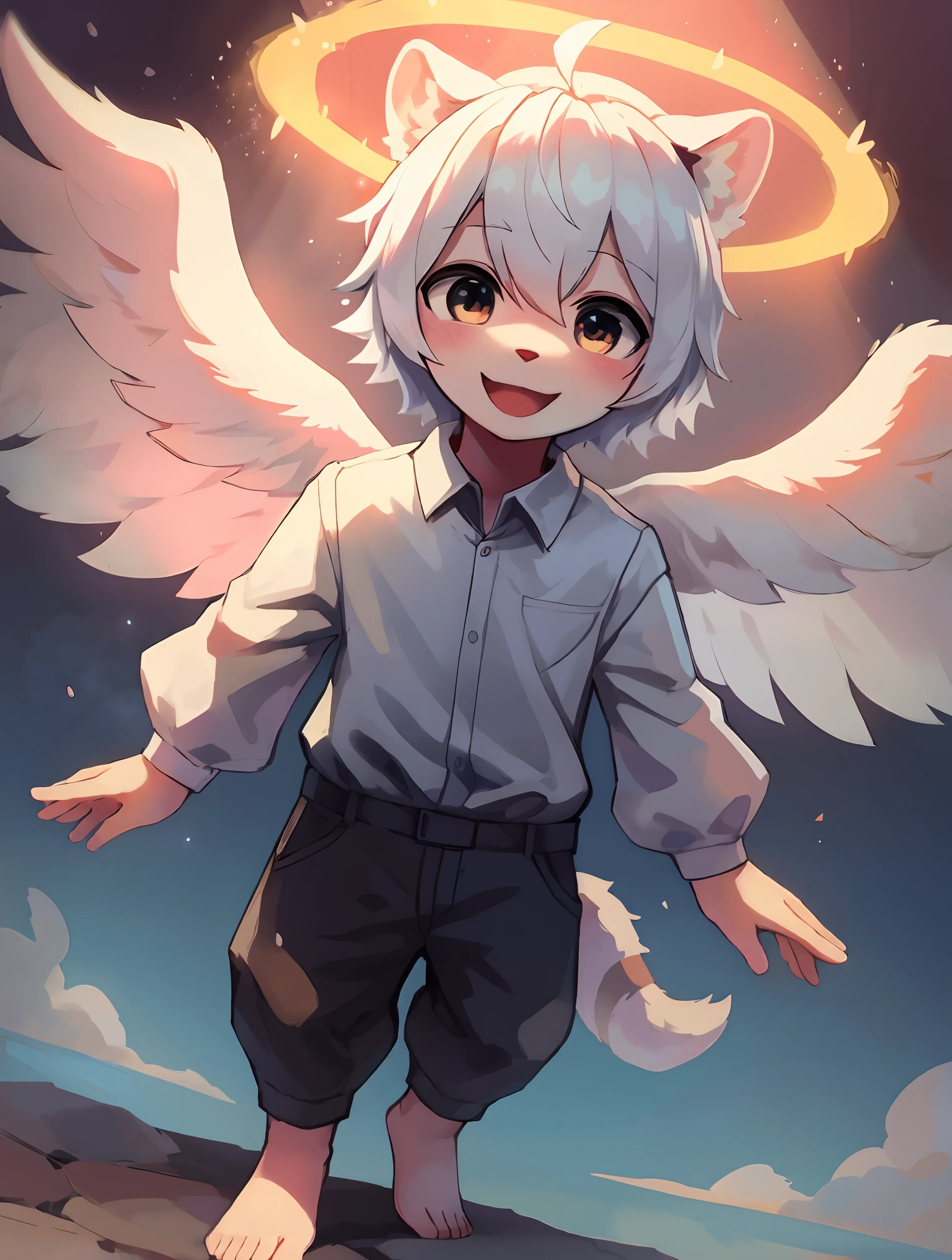 Shota,White color hair ,male people,Q version,(ddlers,ba adolable, standing on your feet, Master masterpieces, A high resolution,8K,detailedbackground,high high quality,Libido boy,(((独奏))),(Angel wings,angelic halo,White clothes,The barefoot:0.6),looking at viewert,angle of view,From above,Dreamlike,magical,baiyun,(Warm light source:1.2),upper sky,On the clouds,A happy expression,shorter pants