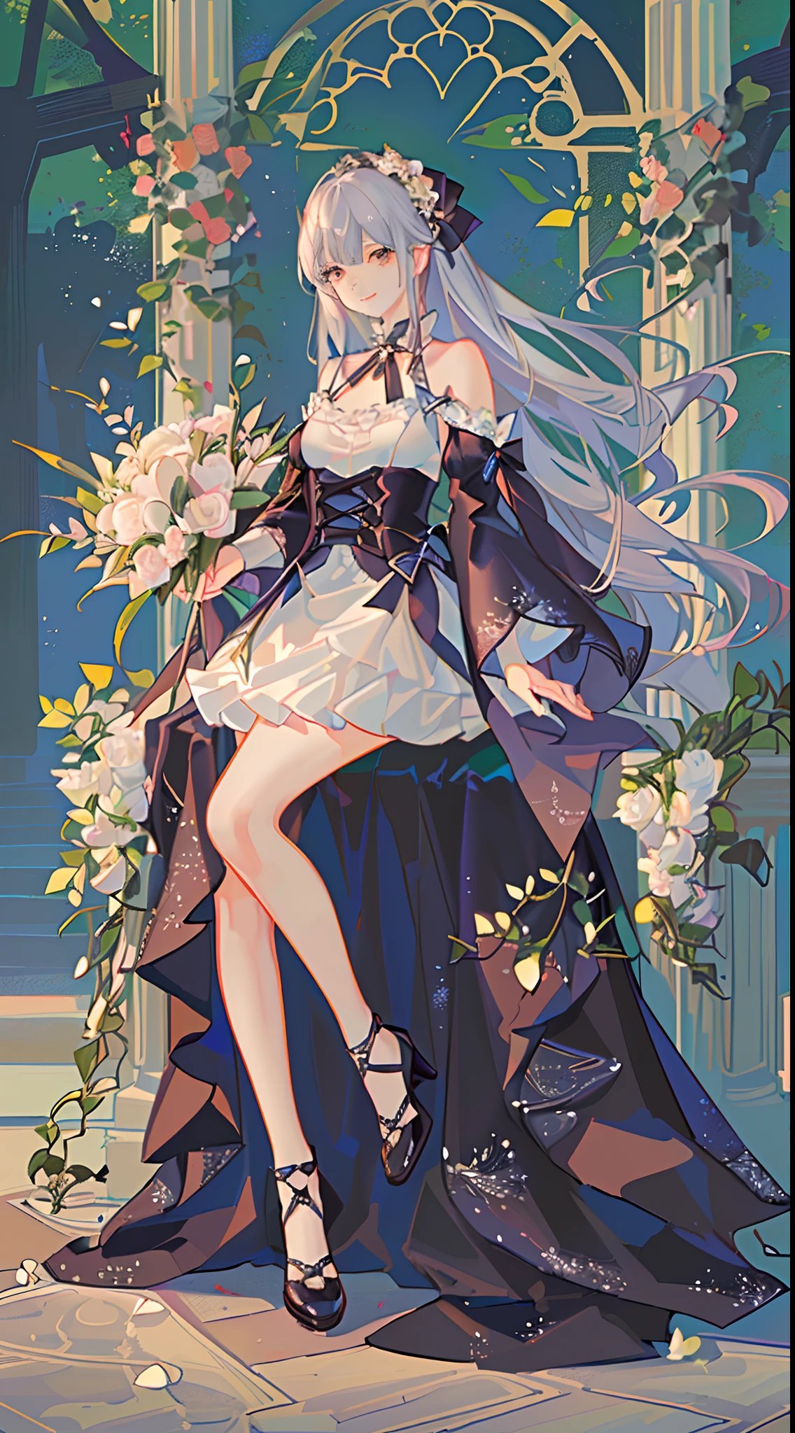 (​masterpiece、top-quality、illustratio、Extremely high quality、high-level image quality、Extremely sensitive writing)Girl with long silver hair standing in beautiful flowery garden、A slight smile、She has a large bouquet、Cute national costume style dress with ruffles on the shoulders、Hair fluttering in the wind