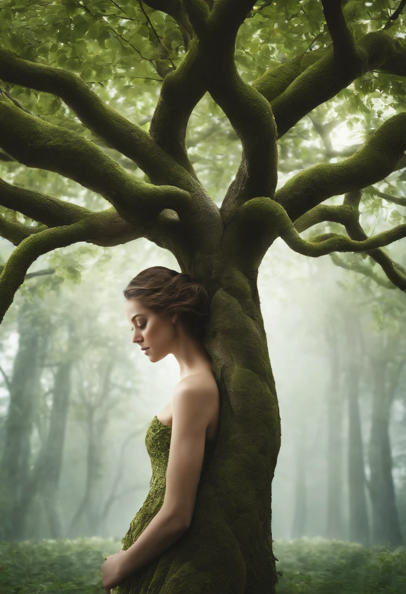 close up, Arbomorph A hug of woman face turn into a leafy tree, with roots as legs, branches like arms, some leaves fly on a white background,