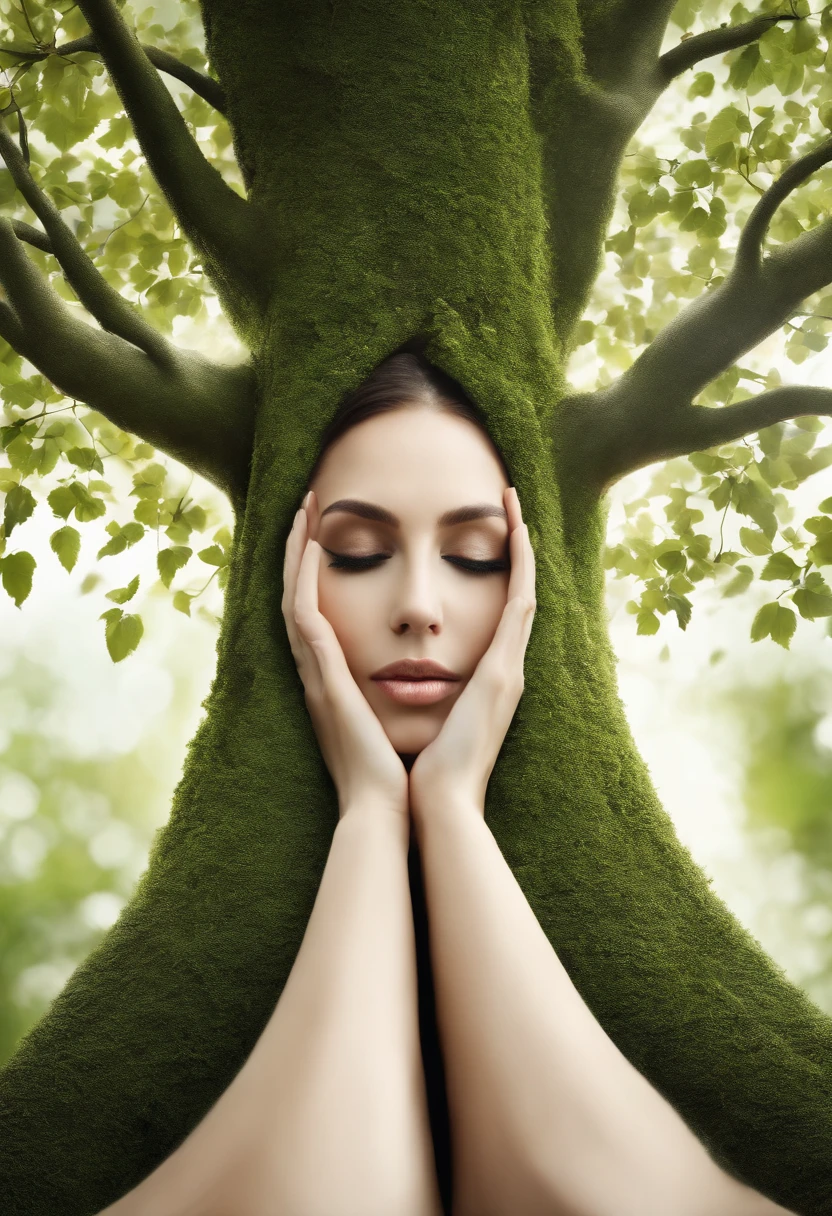 Close up, Tree shape The woman's hugging face turned into a leafy tree, Take the root as the leg, Branches like arms, Some leaves fly on a white background,