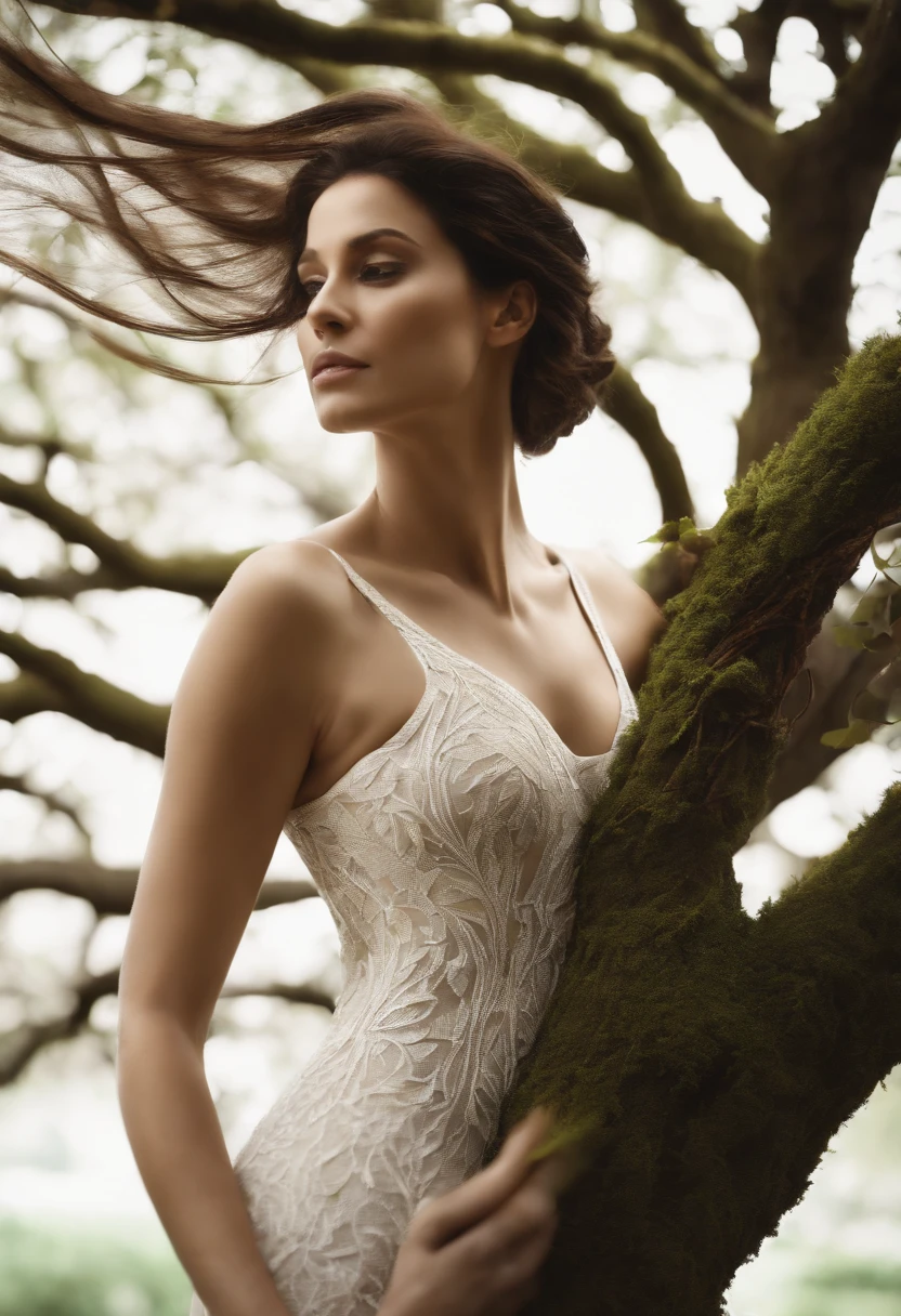 Close up, Tree shape The woman's hugging face turned into a leafy tree, Take the root as the leg, Branches like arms, Some leaves fly on a white background,