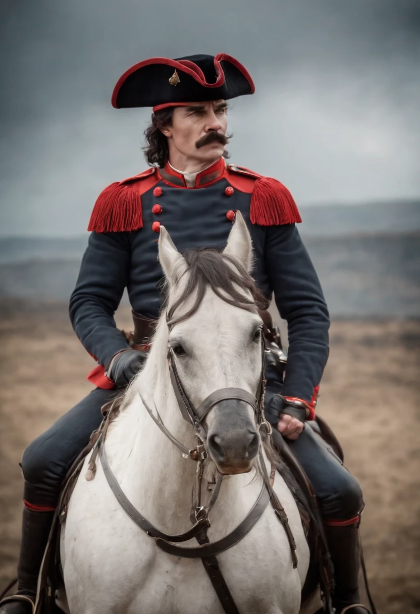 drdisrespect as napoleon，mounted on a horse，Finger sky，at the battlefield，dark stormy clouds，A lot of heavily armed soldiers