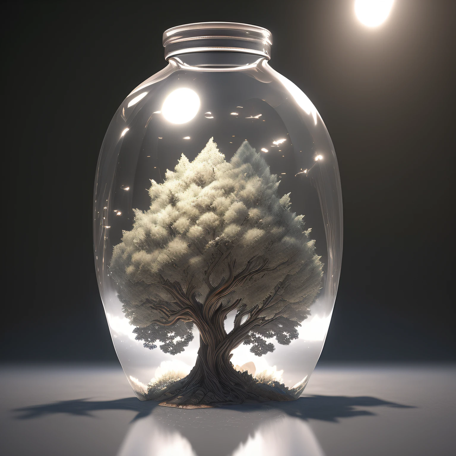 Fantastic art tree in a bottle，fluffly，realisticlying，photore，kanon，dream-like，Artistically，Leaves and branches of the glow，SakuraNS。 Ultra-detailed photorealism by Greg Rutkowski - H 1024 W 804 | f 1 6 lens mark 2:2 s 3555 mm film grains :1 Lifelike high-resolution clear focus contrast！！Intricately detailed atmospheric refractive illumination Unreal Engine 5 cinematic concept photography masterpiece Octane renders trend renders on cgsociety