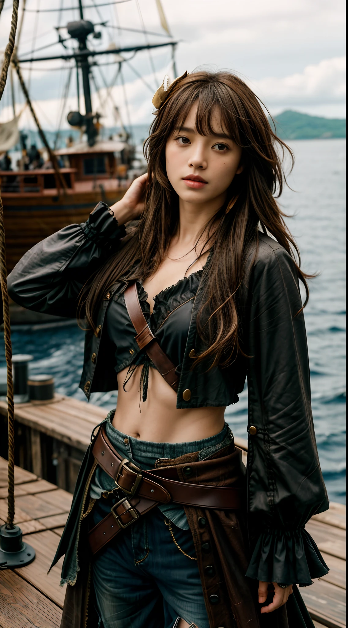 Dramatic lighting, Highest quality, film movie still, (Charming Anne Bonny, Dressed in dirty tattered pirate costumes, Stand on the deck of a pirate ship docked in a Caribbean port), grimy, Dark atmosphere, Toned body, (ripped clothing:0.8), Perfect face, view the viewer, (Detailed skin) [freckle], ((Dirty)), (muddy), (dark cloude:0.7), (Stormy weather:0.5), Dull, Natural lighting, (direct light:0.4), 8mm film grain, photographed on a Sony a9 II, 24mm lens, f/2.8 aperture, Deep focus, (primitive), 8K, (Stills from《The Lost Pirate Kingdom, black long hair with bangs, black long hair with bangs, midshot, centered image, ultra detail, extremely face detail, extremely eye detail
