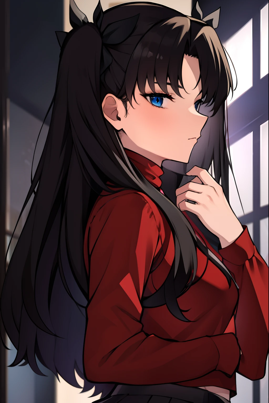 rintohsaka, rin tohsaka, aqua eyes, black hair, hair ribbon, long hair, ribbon, sidelocks, two side up,
BREAK black skirt, black thighhighs, long sleeves, miniskirt, pleated skirt, red sweater, skirt, sweater, thighhighs, turtleneck,
BREAK outside, city,
BREAK looking at viewer, BREAK (masterpiece:1.2), best quality, high resolution, unity 8k wallpaper, (illustration:0.8), (beautiful detailed eyes:1.6), extremely detailed face, perfect lighting, extremely detailed CG, (perfect hands, perfect anatomy),