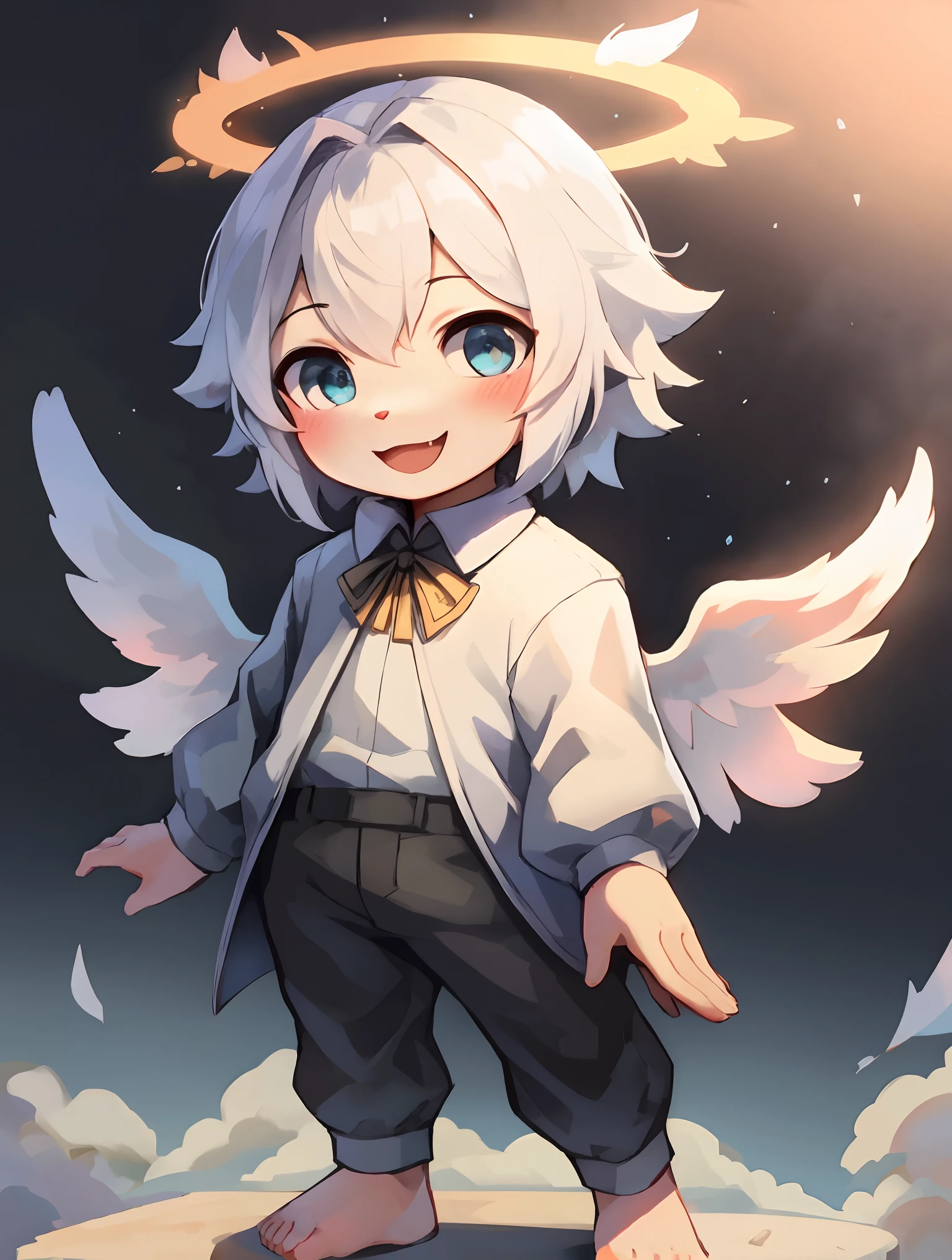 Shota,White color hair ,male people,Q version,(toddlers,baby), adolable, standing on your feet, Master masterpieces, A high resolution,8K,detailedbackground,high high quality,Libido boy,(((独奏))),(Angel wings,angelic halo,White clothes,The barefoot:0.6),looking at viewert,angle of view,From above,Dreamlike,magical,baiyun,(Warm light source:1.2),upper sky,On the clouds,A happy expression,shorter pants