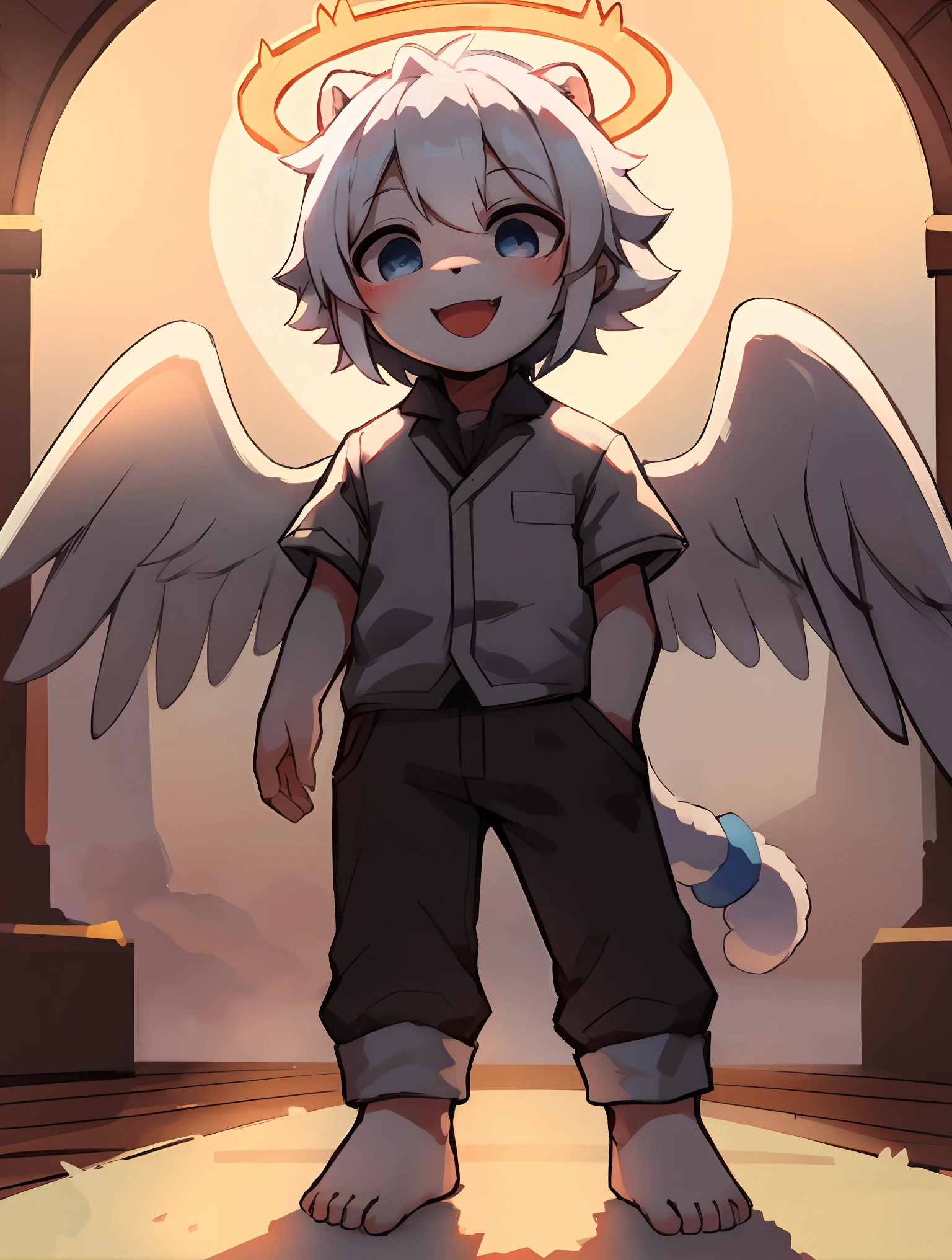 Shota,White color hair ,male people,Q version,(toddlers,baby), adolable, standing on your feet, Master masterpieces, A high resolution,8K,detailedbackground,high high quality,Libido boy,(((独奏))),(Angel wings,angelic halo,White clothes,The barefoot:0.6),looking at viewert,angle of view,From above,Dreamlike,magical,baiyun,(Warm light source:1.2),upper sky,On the clouds,A happy expression,shorter pants