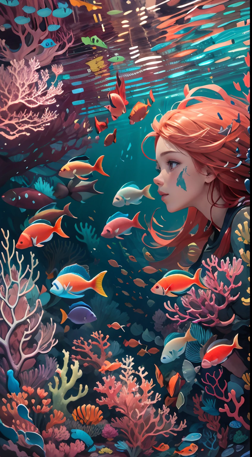 Conceptual art of marine life, Undersea landscape, Marine life，Beautiful coral reefs come in different shapes, 3D，, Fish, Female animated fantasy illustration. Long red hair scattered in the sea, Drift, Very harmonious. The whole painting adopts a messy and imaginative painting style. The colors are bright and saturated, And with smooth lines. The mystery and beauty of the ocean, The painting depicts an underwater world full of life and vitality, Animated art wallpaper 8 K