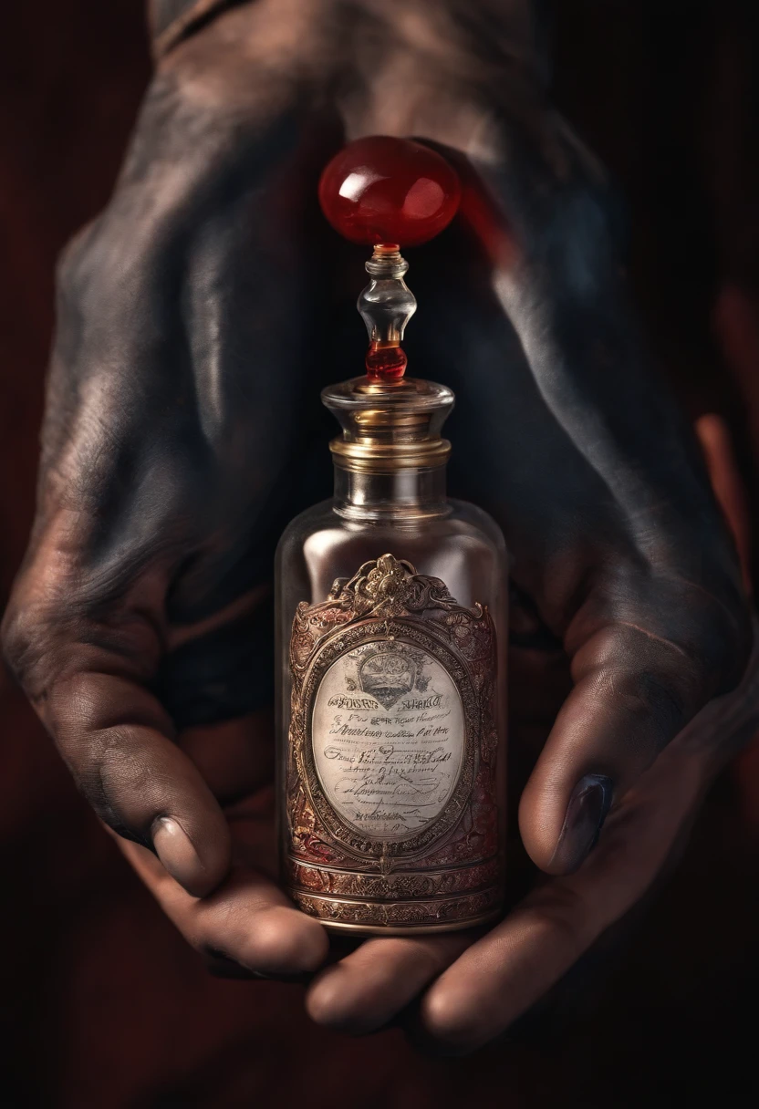 The medicine bottle is placed on the hand，The background is skin and protruding blood vessels