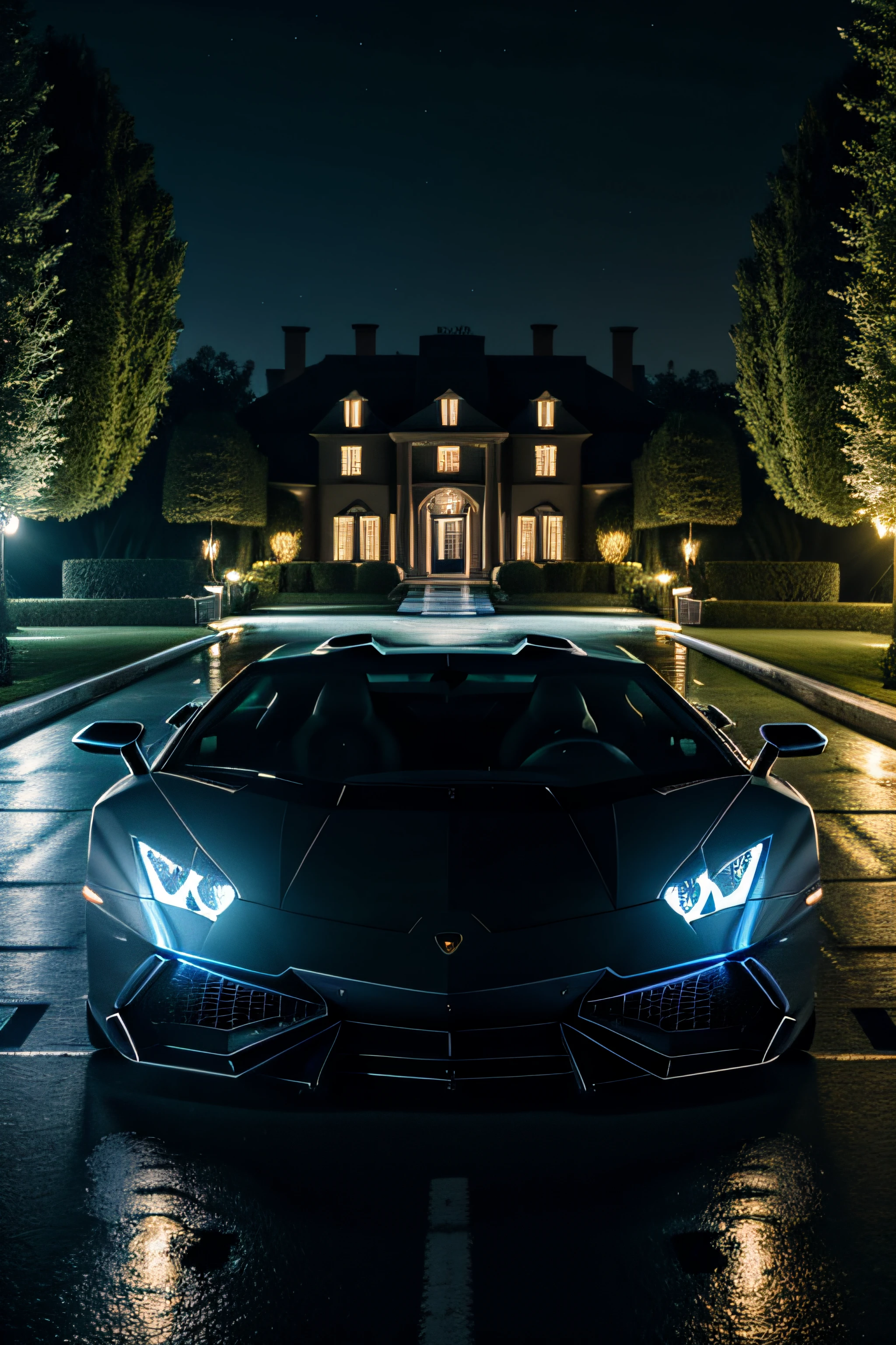lamborghini at night with blue lights, raining, mansion in the background, 8k, masterpiece, RAW photo, best quality, photorealistic, extremely detailed CG unity 8k wallpaper, Depth of field, Ray Tracing