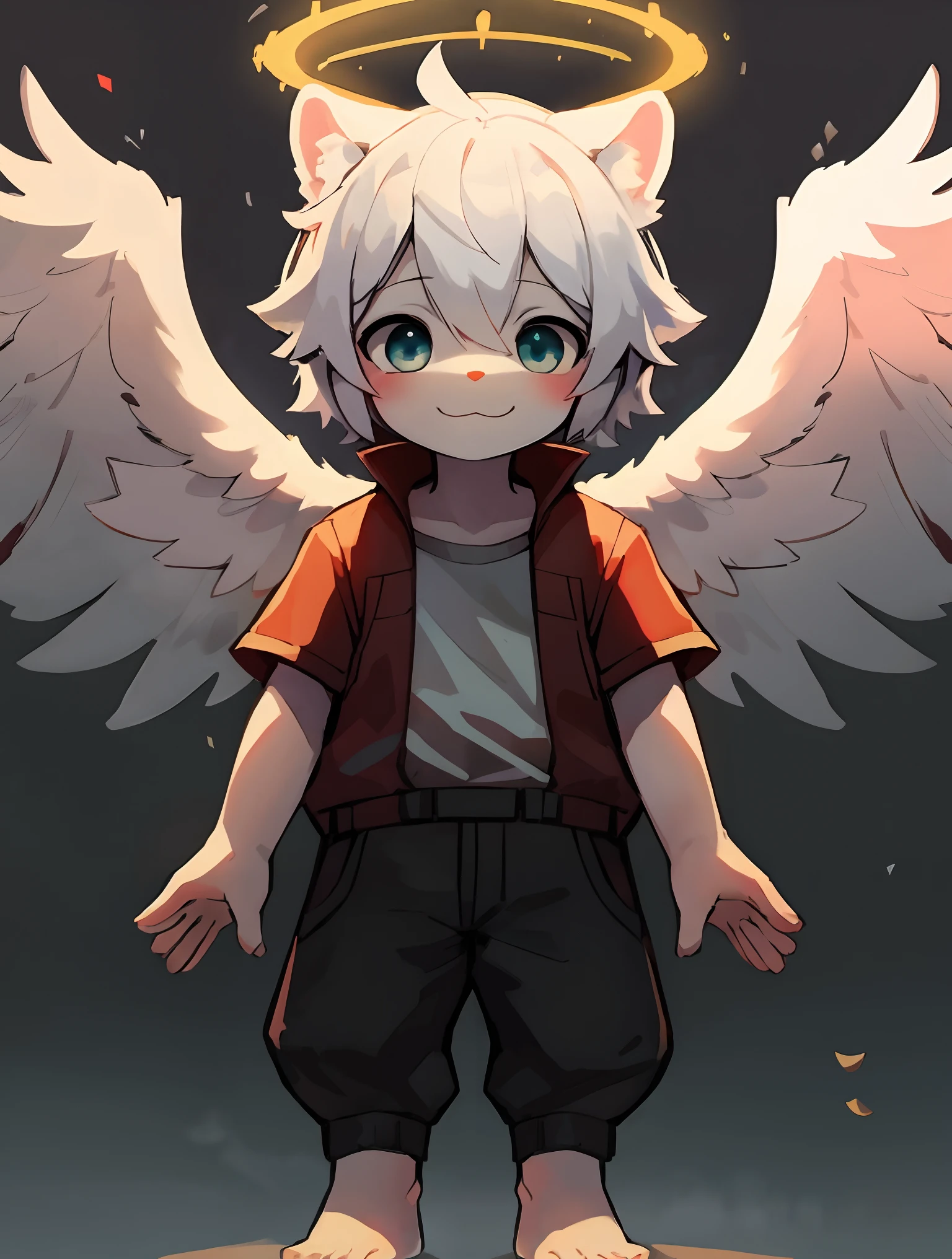 Shota,White color hair ,male people,Q version,(ddlers,ba adolable, standing on your feet, Master masterpieces, A high resolution,8K,detailedbackground,high high quality,Libido boy,(((独奏))),(Angel wings,angelic halo,White clothes,The barefoot:0.6),looking at viewert,angle of view,From above,Dreamlike,magical,baiyun,(Warm light source:1.2),upper sky,On the clouds,A happy expression,shorter pants