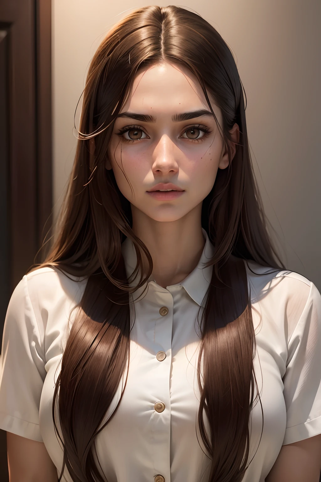 arafed woman with long brown hair and a white shirt, with symmetrical facial features, mugshot, attractive female face!!!, viral photo, pronounced cheekbones, looks like laura barriales, highly detailed, sharp focus, detailed skin, realistic skin texture