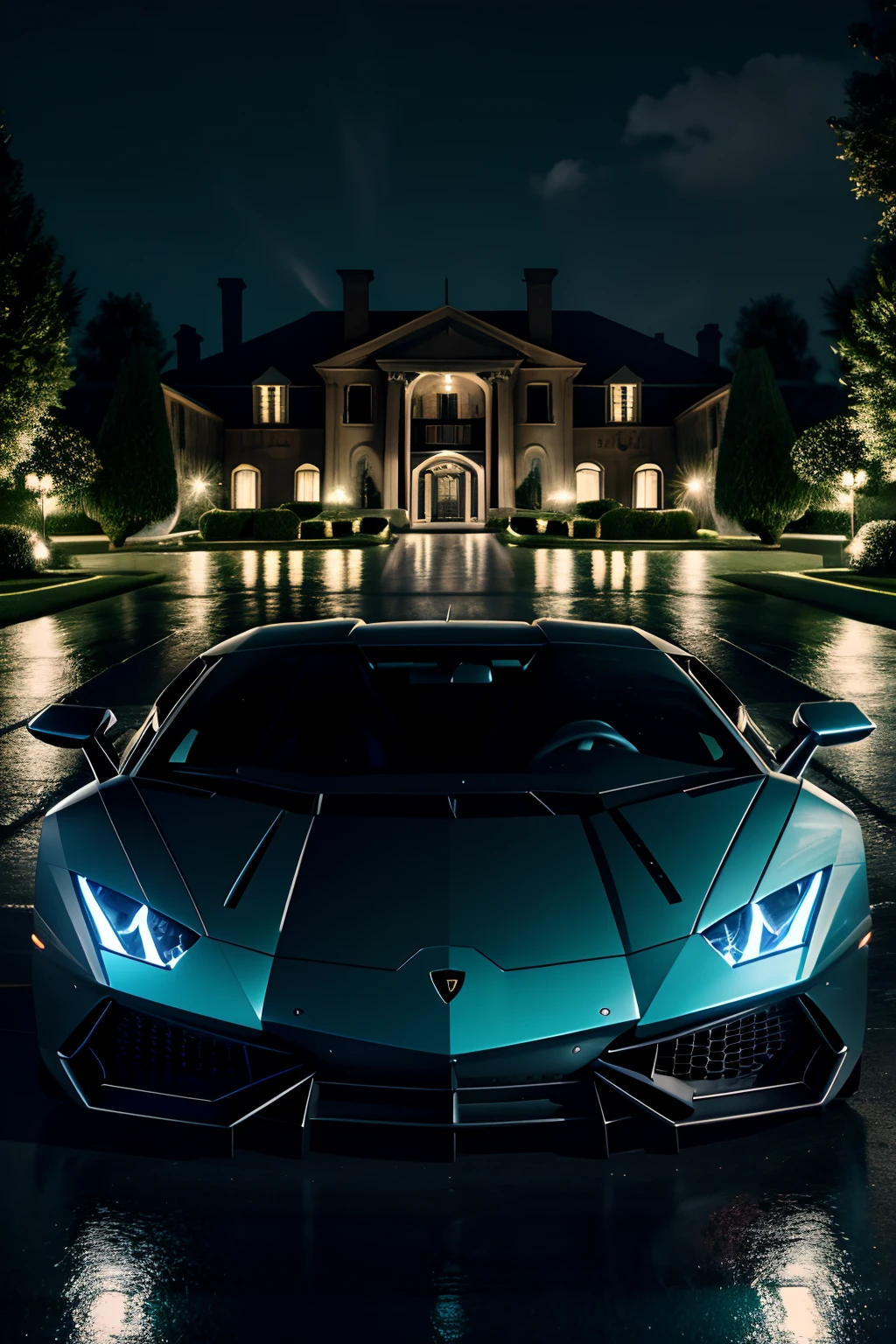 lamborghini at night with blue lights, raining, mansion in the background, 8k, masterpiece, RAW photo, best quality, photorealistic, extremely detailed CG unity 8k wallpaper, Depth of field, Ray Tracing
