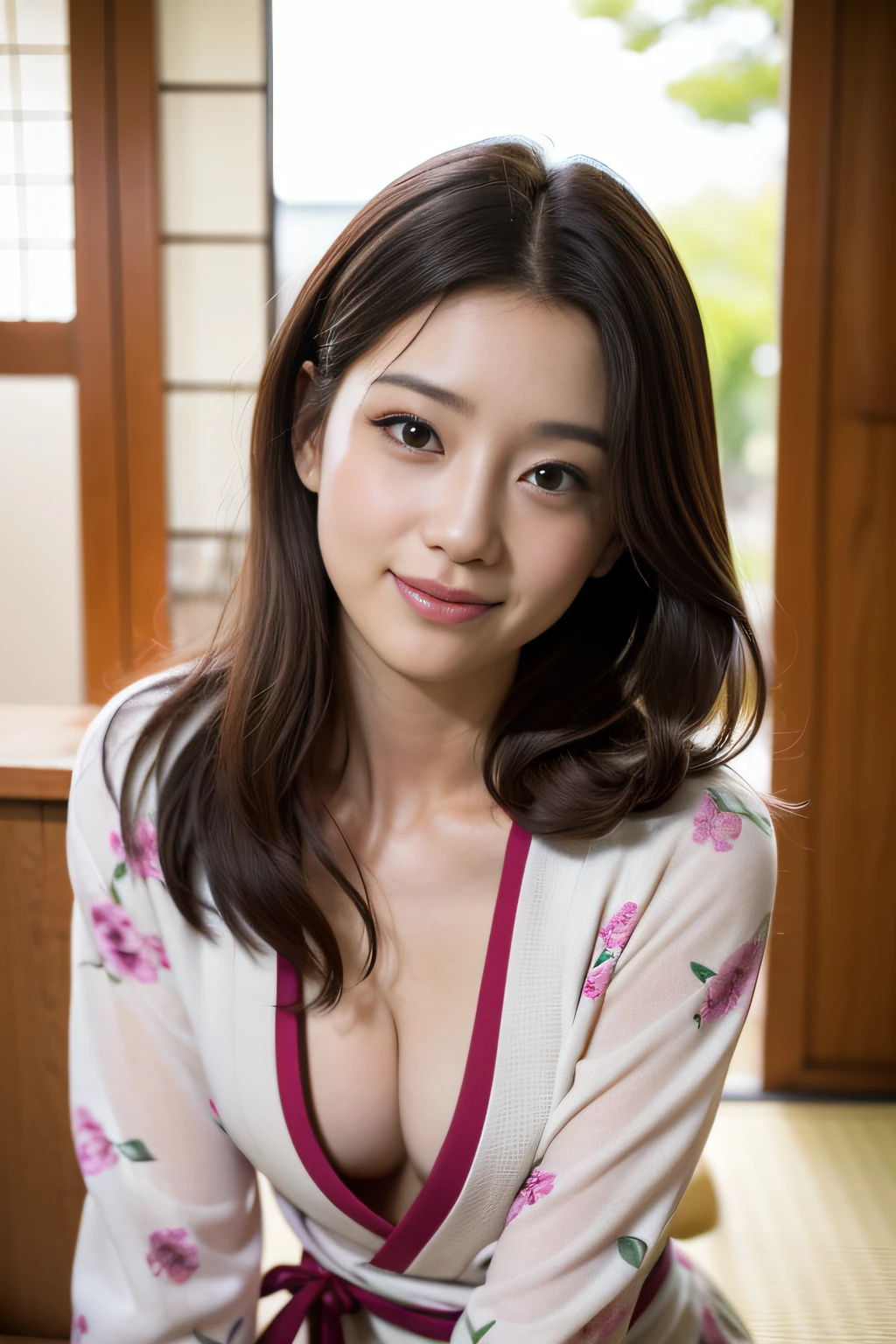 Wearing a kimono、Real Japan woman in the temple, beautiful japanese female, beautiful japanese female, goddess of Japan, Beautiful Japan Female Face、Tie up your hair、Inserting kanzashi、A MILF、Sexy Japan woman、Looking at the camera、Look into the eyes、facing front、face forwards、Beautiful collarbone、beautidful eyes、Narrow-eyed、Single eyelid、Small eyes、tthin eyebrows、30-year-old woman with、low nose、thin lipss、cheely smile、all-fours、