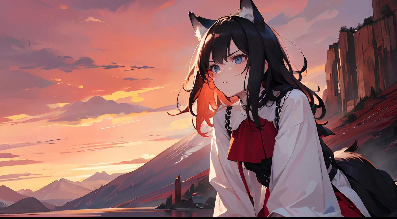 (best quality, 4k, 8k, highres, masterpiece: 1.2), ultra-detailed, (realistic, photorealistic, photo-realistic: 1.37), beautiful detailed eyes, beautiful detailed lips, 1 girl, medium length hair, shaggy hair, black hair, blue eyes, white shirt, red skirt, wolf ears, wolf tail, kneeling and hands, red sky, angry face, blood, clouds, mountains