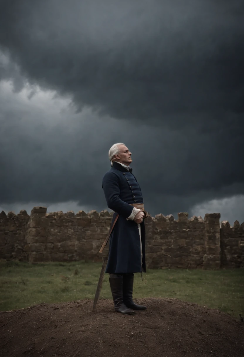 Robespierre，Kneel on the guillotine，The executioner is preparing to behead，Painful expression，In the square，dark stormy clouds