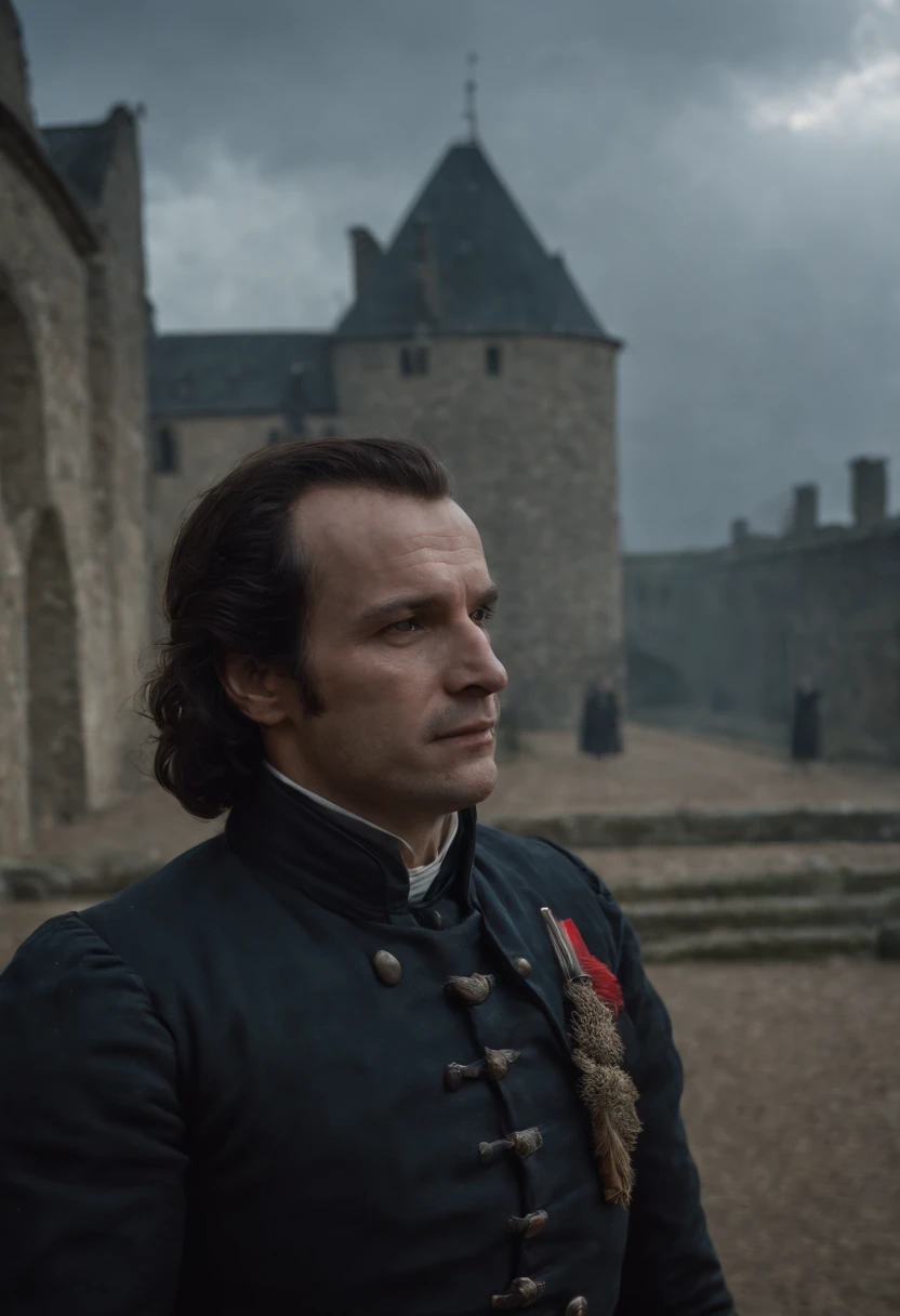 Robespierre，Kneel on the guillotine，The executioner is preparing to behead，Painful expression，In the square，dark stormy clouds