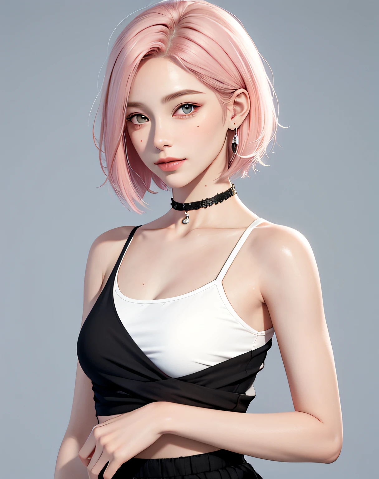 (Masterpiece, Best quality, 1girll, Solo, exquisitedetails, color difference), realisticlying, ((Medium breath)), short detailed hair, A pink-haired, Pink highlighted, Black eyes, 耳Nipple Ring, Sharp eyes,choker necklace,white apparel,conservative clothing,tee shirt,small boobs,White dress,a skirt(symetrical eyes),(Perfectly symmetrical body),frontage,The upper part of the body,Do not cover your head,with fair skin,A good-looking girl,Model the face,Real Human,Realistic effects,3D modeling,solo person,Face the camera head-on,ssmile,frontage,simple hairstyle,short detailed hair,No ornaments,Simple